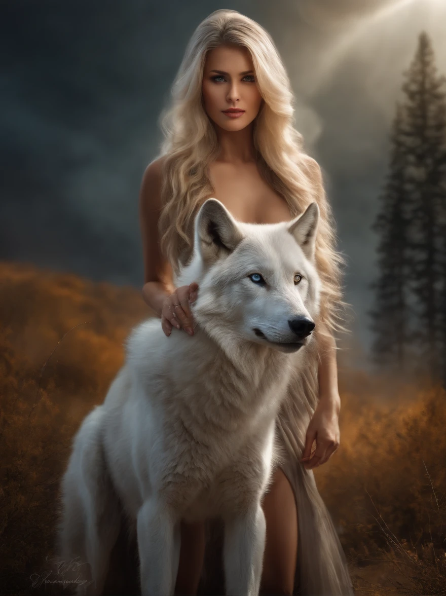 (tmasterpiece), (topquality), (more detailed), (8K), (电影灯光), (Sharp focus), (Precise Anatomy), (photo realism:1.5), (Fantasy art), Epic Movie Poster, Beautiful woman and white wolf, beautiful girl raised by a white wolf, next to the wolf, The wolf approaches the viewer with a kind muzzle, wolf blue eyes, Eyes sparkle, Meeting face to face, A girl with a beautiful face, NSFW, dressless, naked ass, blue eyes, Detailed face, Happy Look, perfectly proportional breasts, big breastes, skinny waist, bellybutton, large tities, thights, blond hair, blonde woman, hairlong, the girl is girded with a silver thread, Wolves have a large body, ferocious, (Correct anatomy), (A sense of speed:0.8), (Background Blend:0.8), (Windy storms:1.1), dramatic  lighting, thick fog, Fog of the Abyss, universe, Orion Nebula, star universe, Very bright morning sunlight,