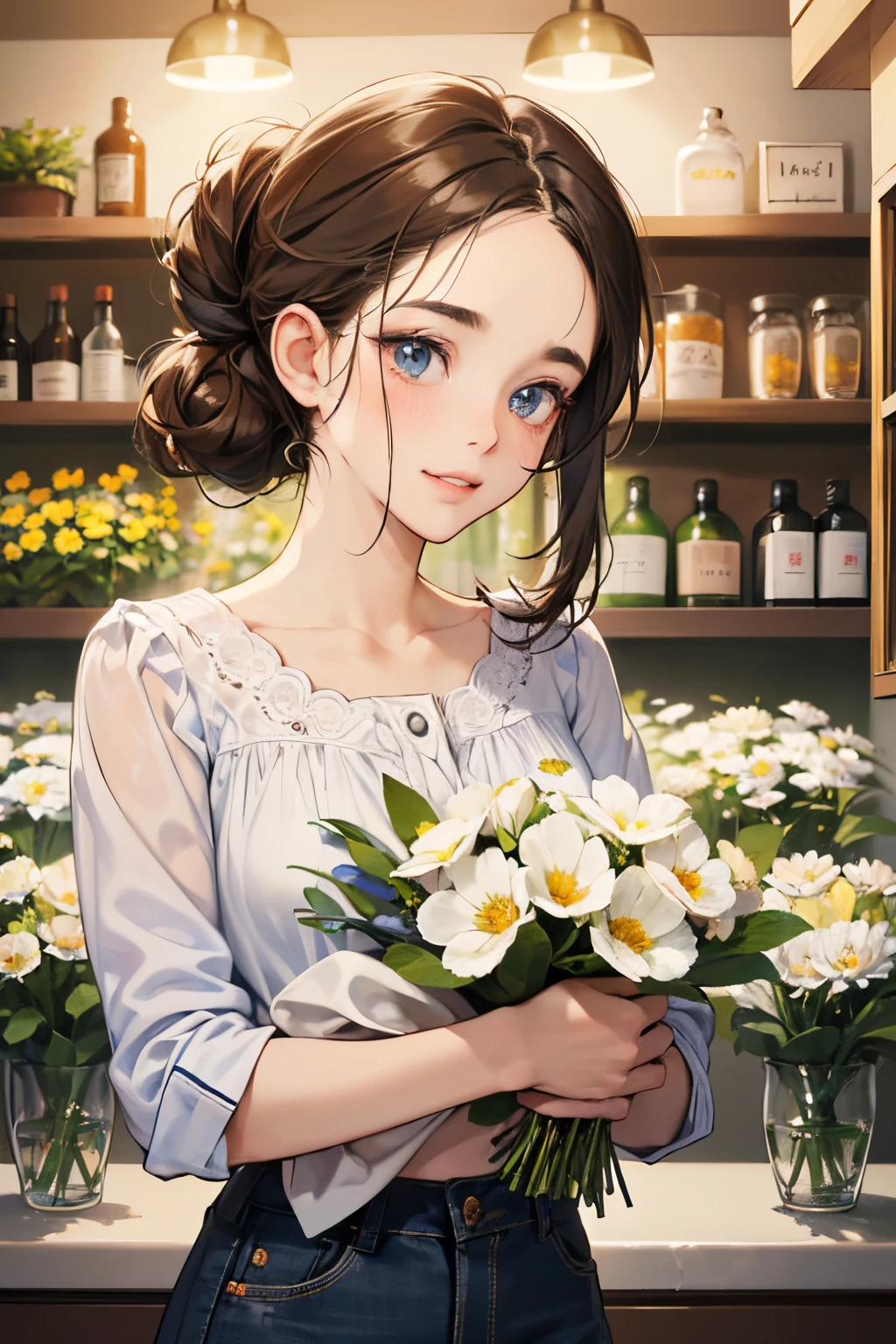 (masutepiece, Digital Art, Digital Illustration, 4K, 8K, Ultra-detailed, beautiful image, Sharp Image, Photorealistic, Raw photo, Perfect face, Perfect lines, Perfect eyes, Soft lighting) 1 woman, (lightbrown hair,Chignon Hair,Innocent look,drooping eyebrows,drooing eyes,with round face,Round jaws、Innocence,cute little,big eye,natural make up,kindly smile,E-cup,23 y-o woman:1.3),Two handsome men in suits, (ember,Men in suits,well-muscled,Firm shoulder width, mannish hairstyle,Man in his 30s with a cool expression,28-year-old man with bright smile:1.2),Flower Shop,In the storefront of a florist,Flower Cottage,colorful flower,lots of flower、Skinny Denim,white shirt,(Nervous,be shy,sleepy,embarrassed from:1.1),the kiss、kiss、a couple、couple kissing、Romance、A slight smil、Florist full of light,wretched、Cheek dyeing、