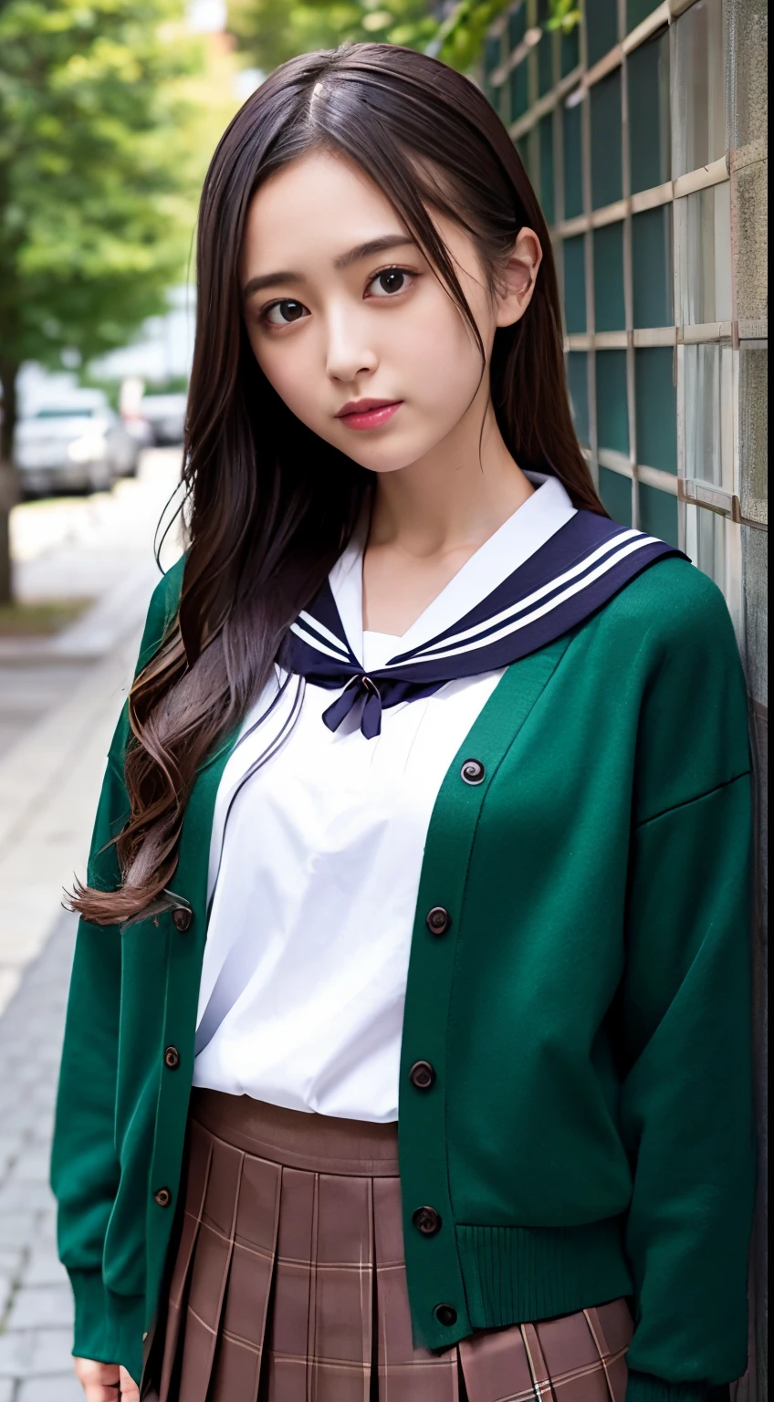 photo of a cute girl, wearing (crop-top:0.5) sailor uniform, long sleeve, half-cleavage, pleated green_skirt, beautiful black eyes, dark-brown_cardigan, brown hair, deep-color,
BREAK
outdoor, sunshine, in the street,