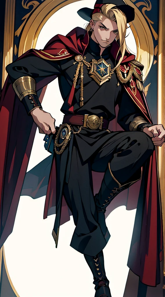 captain, black uniform, gold rank insignia, red cloak, black captain's hat, black boots, anime, Art Deco, Gothic art, anime style, anatomically correct, masterpiece, high details, high quality, beautifully detailed eyes, captivating gaze, vivid colors, skillfully executed lighting, studio lighting techniques bringing out the man's features and the overall mood of the scene