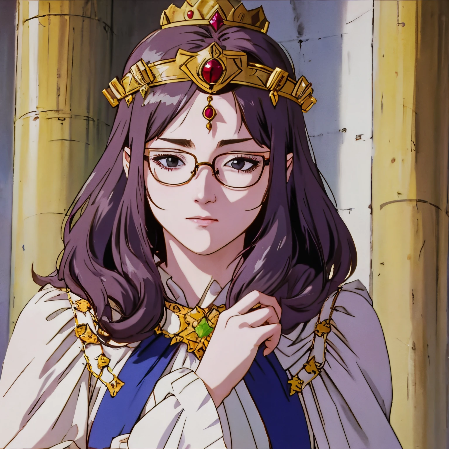 A beautiful shy looking woman wearing glasses and a queen crown