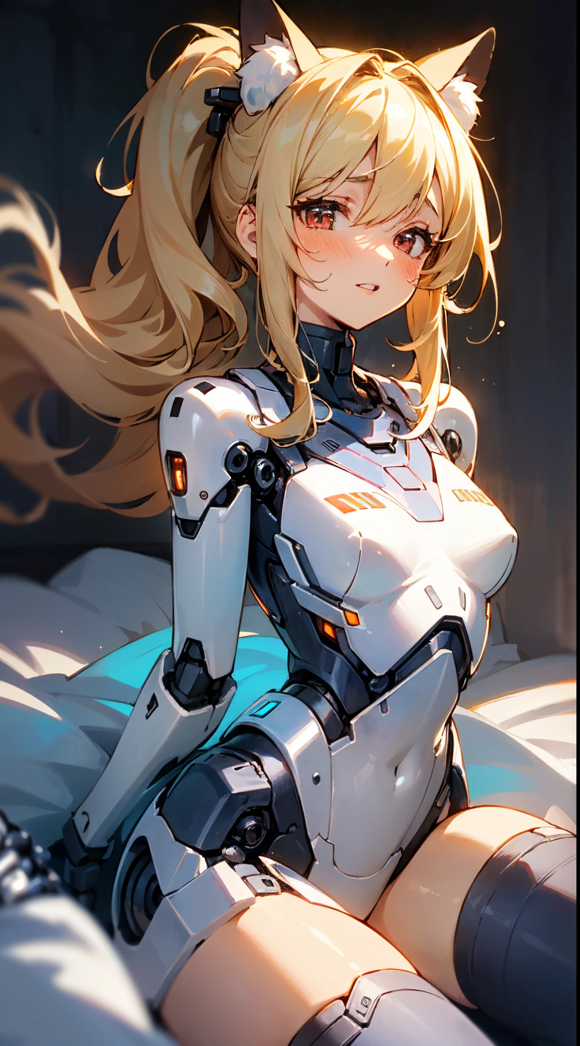 an extremely delicate,
beautiful girl,
break,
8k,
best quality,
masterpiece,
ultra hires,
ultra detailed girl,
super fine illustration,
break,
(looking at viewer),
rim lighting,
Cinematic Lighting,
bloom,
glowing,
moody lighting,
on bed,
hotel bedroom,
break,
1girl,
solo,
(cyborg girl:1.3),
college age,
perfect female body,
(lie on one's back:1.2),
(embarrassed, hapiness, blush:1.3),
(steam:0.8),
(wet:0.8),
(trembling:0.8),
(sweat:0.8),
(parted lips:1.3),
(half open eyes),
(feeling weak:1.3),
arching the body backward,
fluttering long hair,
big hair,
air bangs,
long bangs between eyes,
fluffy hair,
(shiny blonde hair),
boyish face,
(red eyes),
(glowing cyborg eyes:1.2),
(bare thighs:1.2),
(bare shoulders:1.2),
small breasts,
break,
white body with indigo patterns,
(mechanical joints:1.2),
pale pink energy core,
thigh high socks,
chest armor,
mechanical cat ears,