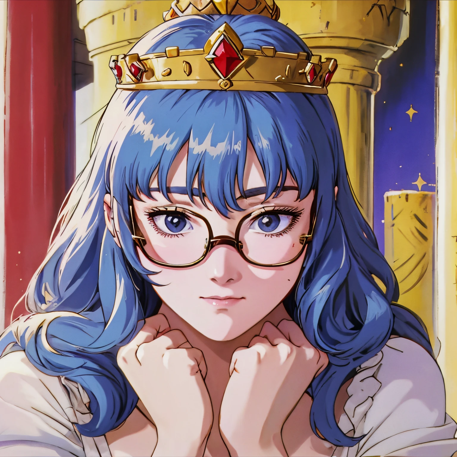 A beautiful shy looking woman wearing glasses and a queen crown