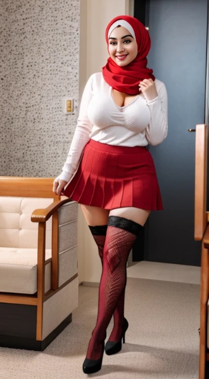 beautiful chubby woman wearing a hijab, wearing a red long-sleeved knitted shirt, wearing a mini skirt, stockings, big breasts, smiling sweetly, ultra details
