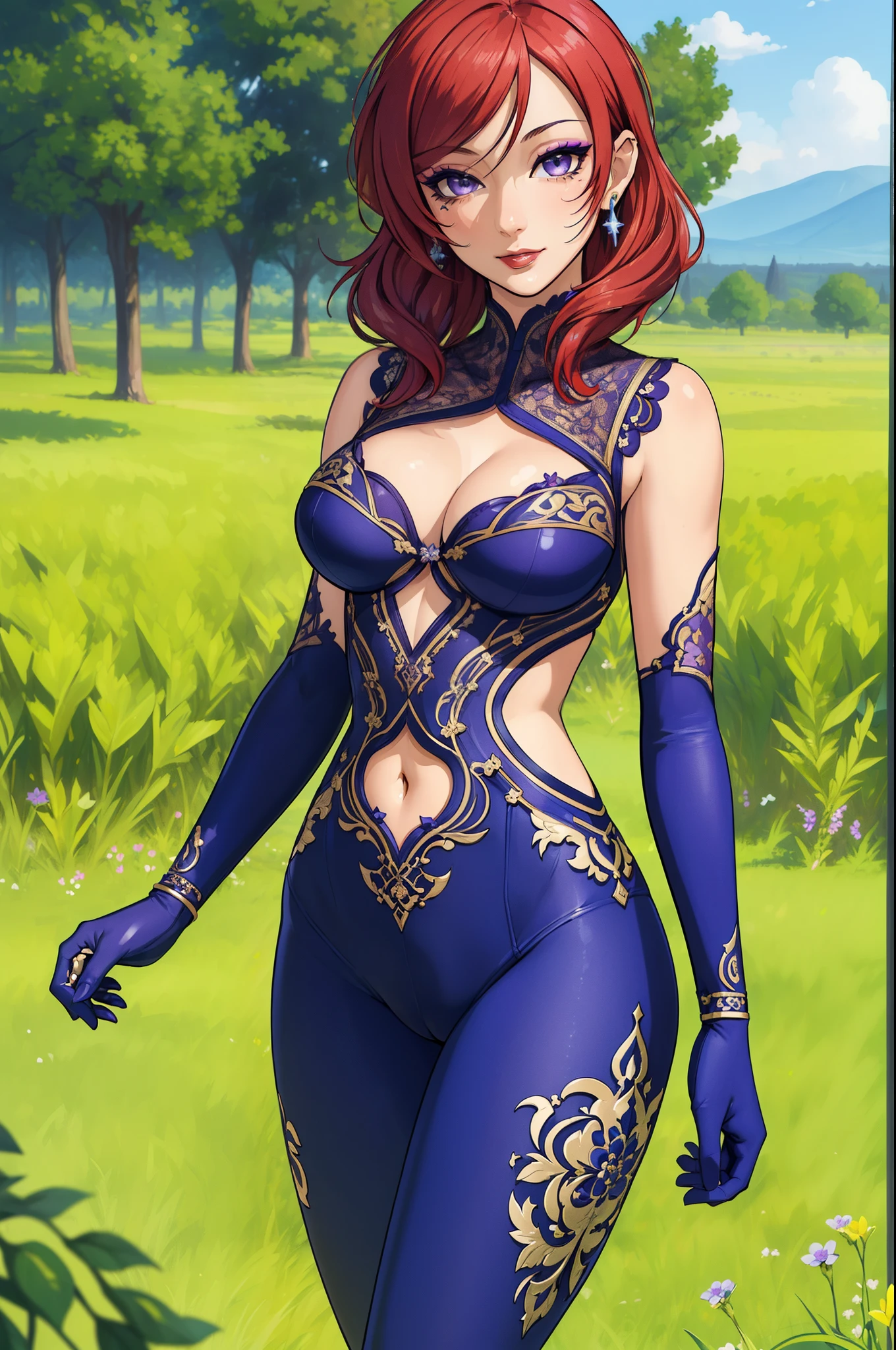 (Masterpiece, Best Quality, High Quality:1.4), professional artwork, well drawn, Intricate Details, field of view,
Nishikino maki, race background, afternoon, 
Red hair, lipstick, makeup, ultra detail hair, ultra detail face, perfect eyes, perfect face, earring, purple eyes, Looking at Viewer, flirting,
Tight short bodysuit, sleeveless, cleavage and navel cutout.