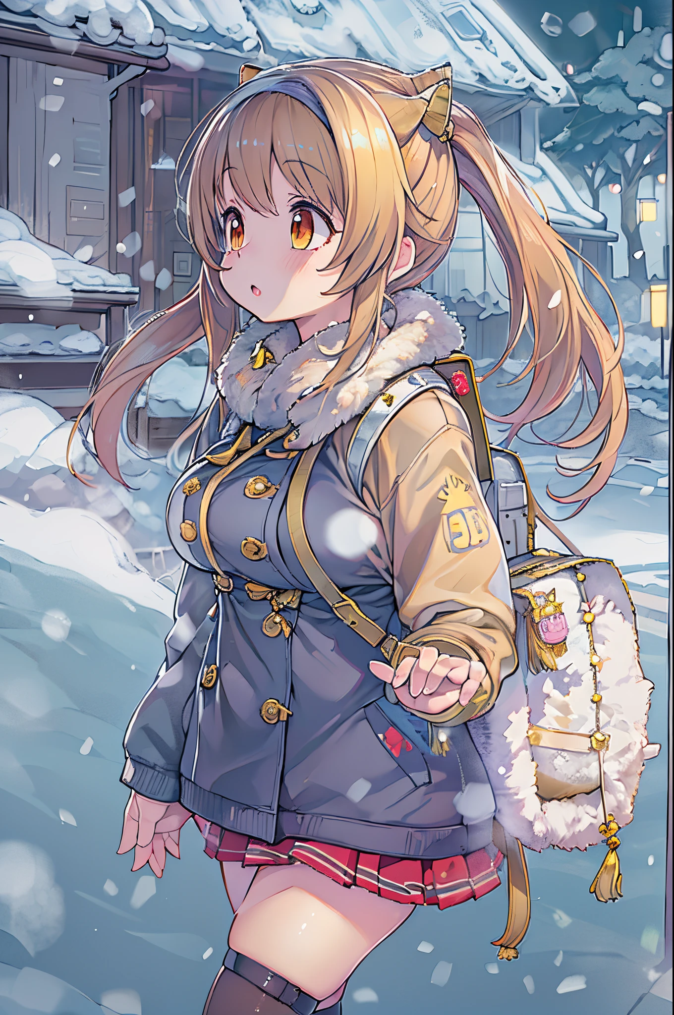 Anime girl with ponytail and backpack in the snow, anime moe art style, small curvy , Anime visuals of cute girls, Cute anime girl, anime style 4 k, young anime girl, Anime Best Girl, marin kitagawa fanart, Smooth Anime CG Art, Ecchi anime style, Anime Girl, Anime style. 8K, nagatoro、(((huge-breasted)))