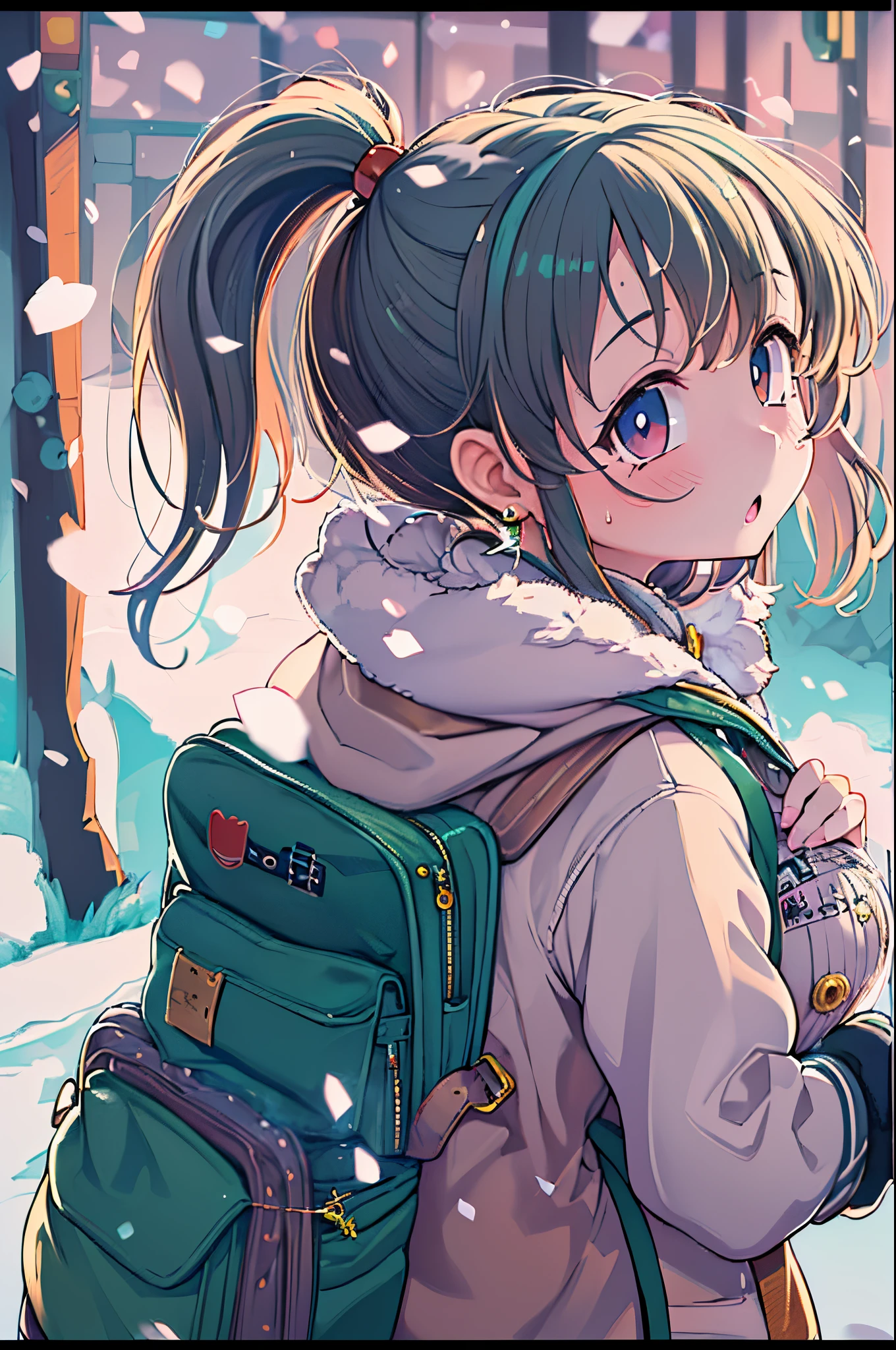 Anime girl with ponytail and backpack in the snow, anime moe art style, small curvy , Anime visuals of cute girls, Cute anime girl, anime style 4 k, young anime girl, Anime Best Girl, marin kitagawa fanart, Smooth Anime CG Art, Ecchi anime style, Anime Girl, Anime style. 8K, nagatoro、(((huge-breasted)))