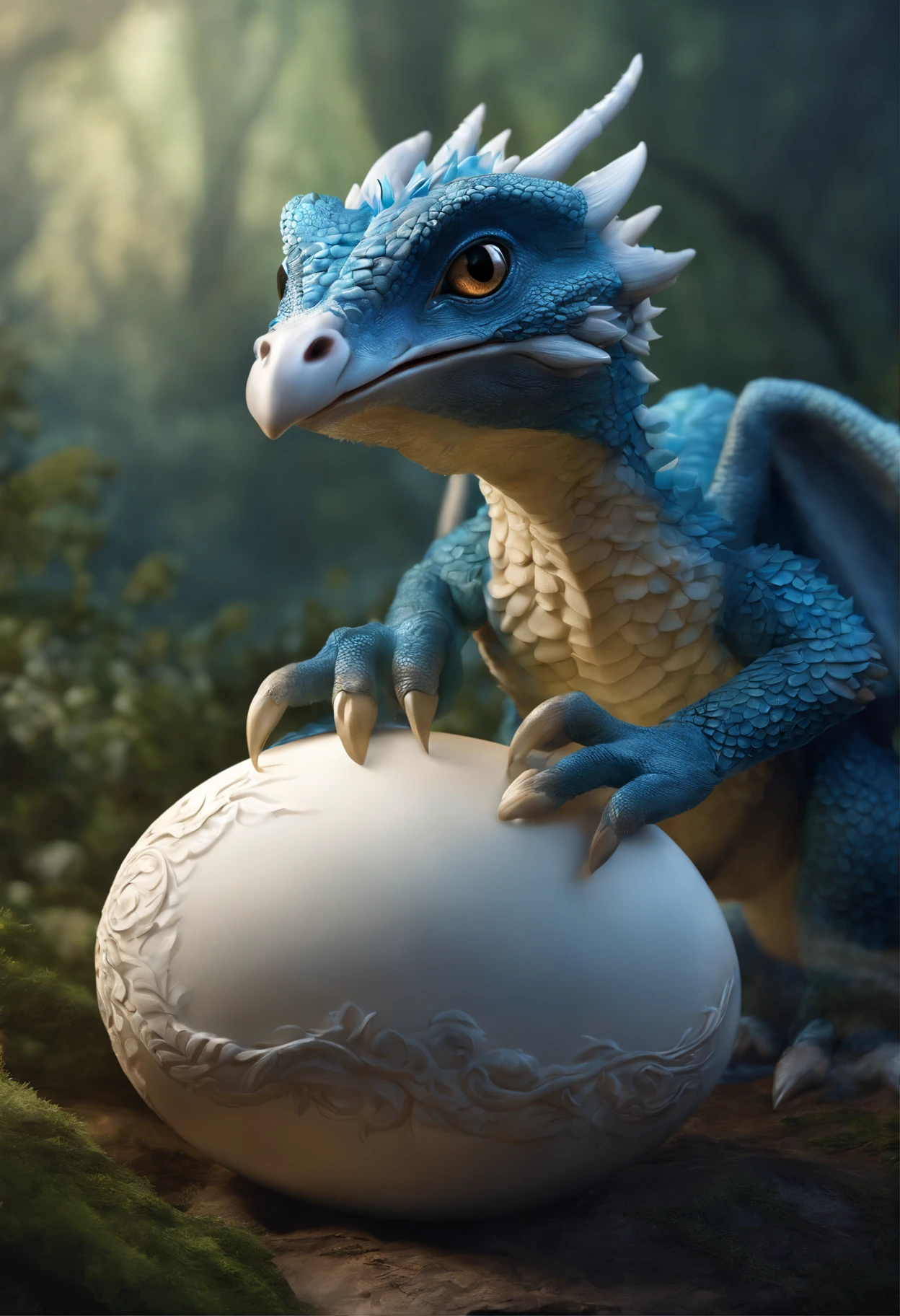 Large ostrich egg, dragon hatches from egg, the dragon's nose sticks out of the egg, birth of the dragon,Cute little blue dragon, Cute little dragon, cute detailed digital art, adorable digital painting, 8k high quality detailed art, 4k detailed digital art, digesting a small dragon, realistic fantasy illustration, Frost Dragon, highly detailed 4k digital art, A Newly Hatched Dragon, Cute digital art