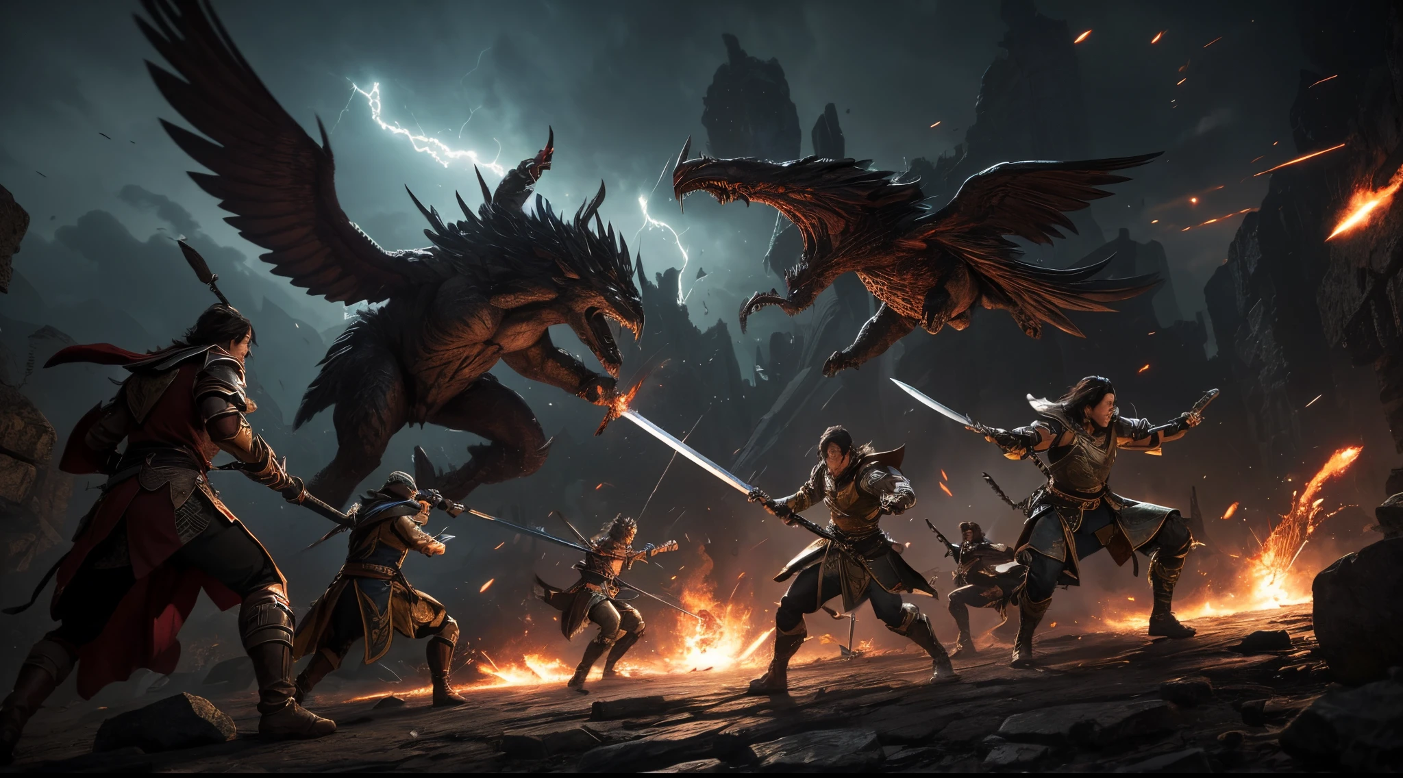 An epic and action-packed shot of a climactic battle. The adventurers are engaged in combat, their swords clashing with enemies while spells are being cast. The composition should capture the chaos and intensity of the battle, with bursts of magical energy, flying debris, and a sense of high stakes.