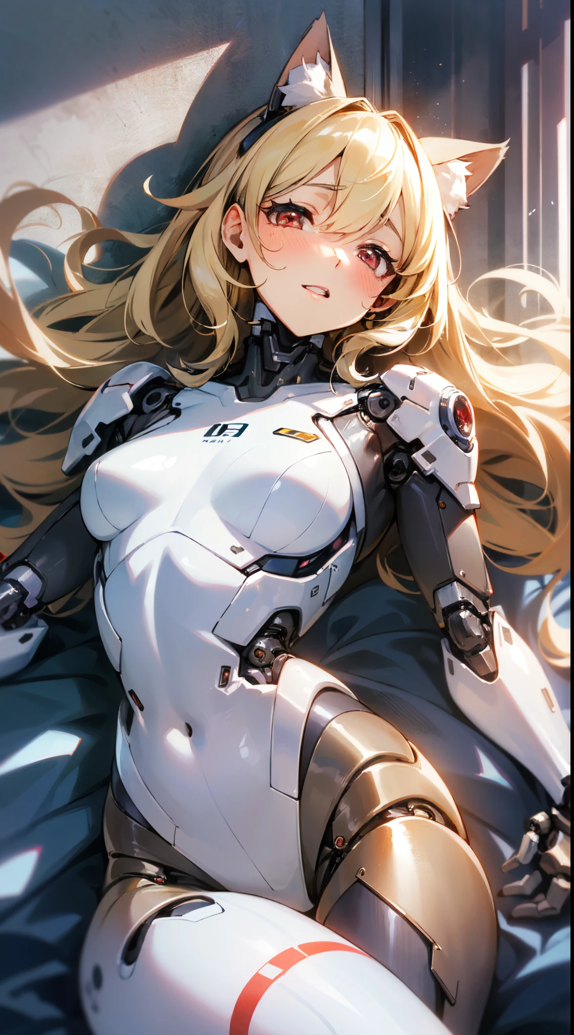 an extremely delicate,
beautiful girl,
break,
8k,
best quality,
masterpiece,
ultra hires,
ultra detailed girl,
super fine illustration,
break,
(looking at viewer),
rim lighting,
Cinematic Lighting,
bloom,
glowing,
moody lighting,
on bed,
hotel bedroom,
break,
1girl,
solo,
(cyborg girl:1.3),
college age,
perfect female body,
(lie on one's back:1.2),
(embarrassed, hapiness, blush:1.3),
(steam:0.8),
(wet:0.8),
(trembling:0.8),
(sweat:0.8),
(parted lips:1.3),
(half open eyes),
(feeling weak:1.3),
arching the body backward,
fluttering long hair,
big hair,
air bangs,
long bangs between eyes,
fluffy hair,
(shiny blonde hair),
boyish face,
(red eyes),
(glowing cyborg eyes:1.2),
(bare thighs:1.2),
(bare shoulders:1.2),
small breasts,
break,
white body with indigo patterns,
(mechanical joints:1.2),
pale pink energy core,
thigh high socks,
chest armor,
mechanical cat ears,