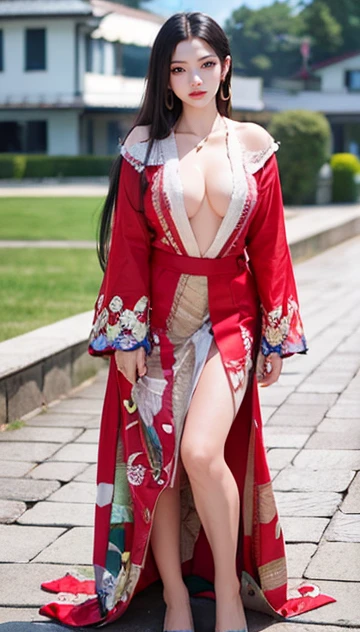 Masterpiece, best quality, Boa Hancock, 1girl, breast, solo, cleavage, long hair, red dress, earrings, necklace, white robe, brown hair, red dress, lips, standing, full body, looking at viewer, japanese castle background, ultra detailed, realistic, black hair