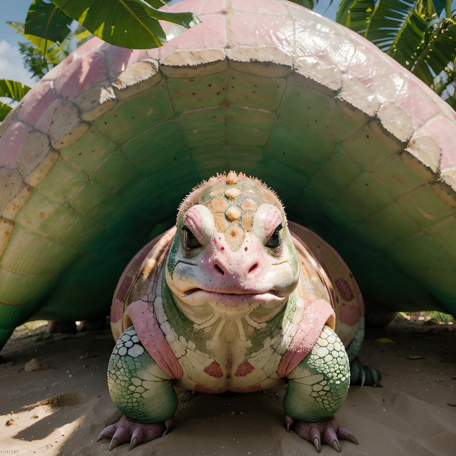 Tartaruga gigante, pink spot on top of head and pink horn in the middle, olhos pretos escuros e com brilho fofo, asas brancas e grandes, boca babando e gelatina caindo da boca, num campo verde e cheio de outros dinossauros ao redor