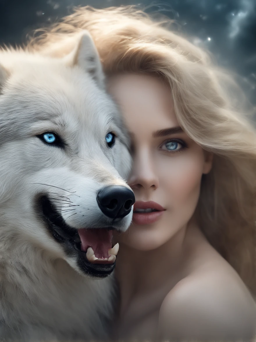 (tmasterpiece), (topquality), (more detailed), (8K), (电影灯光), (Sharp focus), (Precise ), (photo realism:1.5), (Fantasy art), Epic Movie Poster, Beautiful woman and white wolf, beautiful girl raised by a white wolf, next to the wolf, The wolf approaches the viewer with a kind muzzle, wolf blue eyes, Eyes sparkle, Meeting face to face, A girl with a beautiful face, (), dressless,  , blue eyes, Detailed face, Happy Look, perfectly proportional , big breastes, skinny waist, bellybutton, large tities, thights, blond hair, blonde woman, hairlong, the girl is girded with a silver thread, Wolves have a large body, ferocious, (Correct ), (A sense of speed:0.8), (Background Blend:0.8), (Windy storms:1.1), dramatic  lighting, thick fog, Fog of the Abyss, universe, Orion Nebula, star universe, Very bright morning sunlight,