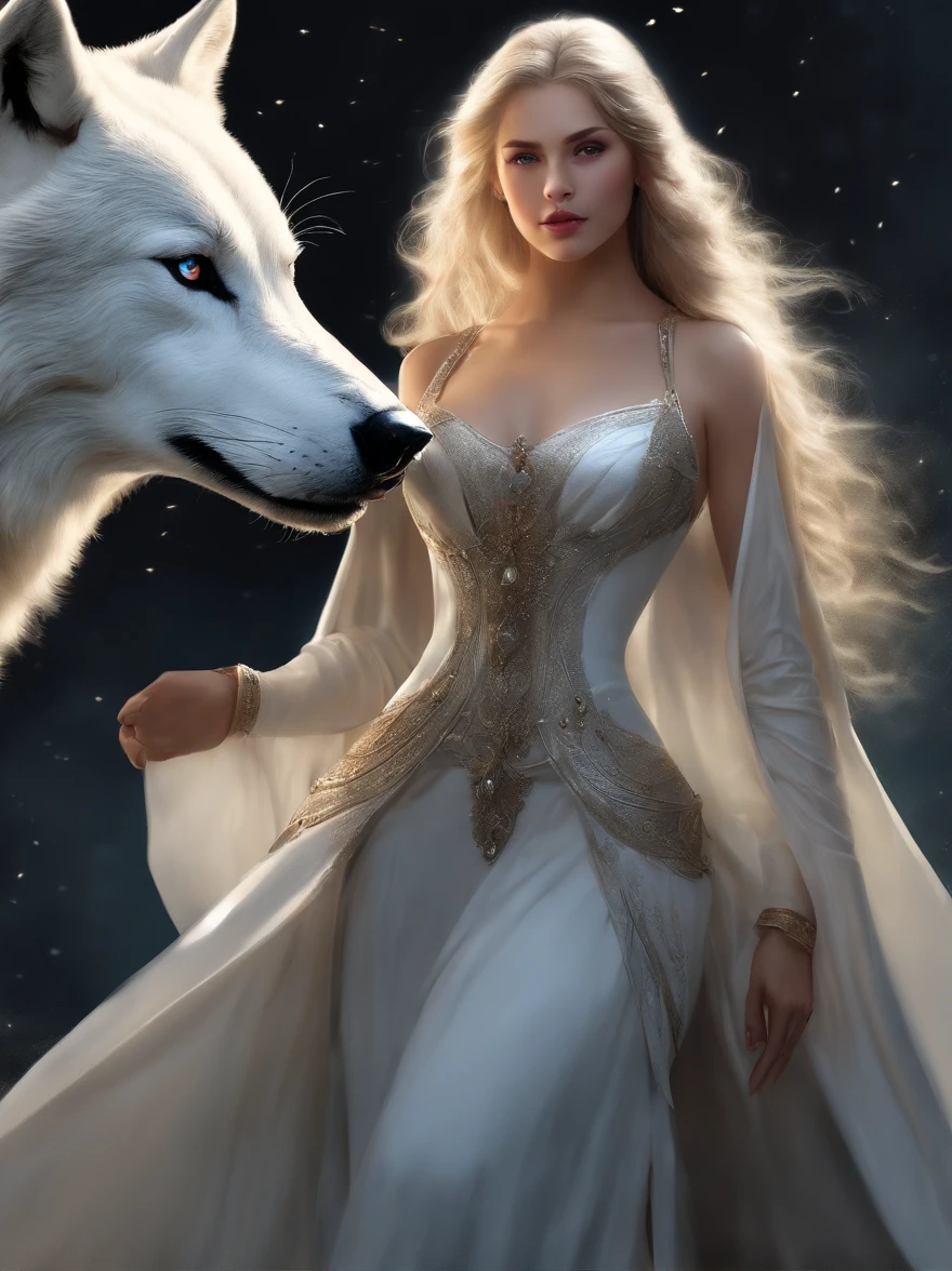 (tmasterpiece), (topquality), (more detailed), (8K), (电影灯光), (Sharp focus), (Precise Anatomy), (photo realism:1.5), (Fantasy art), Epic Movie Poster, Beautiful woman and white wolf, beautiful girl raised by a white wolf, next to the wolf, The wolf approaches the viewer with a kind muzzle, wolf blue eyes, Eyes sparkle, Meeting face to face, A girl with a beautiful face, (NSFW), dressless, naked ass, blue eyes, Detailed face, Happy Look, perfectly proportional breasts, big breastes, skinny waist, bellybutton, large tities, thights, blond hair, blonde woman, hairlong, the girl is girded with a silver thread, Wolves have a large body, ferocious, (Correct anatomy), (A sense of speed:0.8), (Background Blend:0.8), (Windy storms:1.1), dramatic lighting, thick fog, Fog of the Abyss, universe, Orion Nebula, star universe, Very bright morning sunlight,