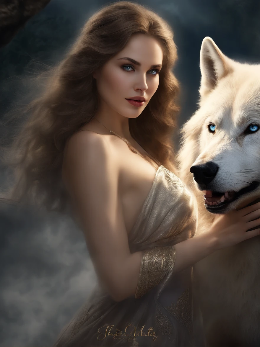 (tmasterpiece), (topquality), (more detailed), (8K), (电影灯光), (Sharp focus), (Precise Anatomy), (photo realism:1.5), (Fantasy art), Epic Movie Poster, Beautiful woman and white wolf, beautiful girl raised by a white wolf, next to the wolf, The wolf approaches the viewer with a kind muzzle, wolf blue eyes, Eyes sparkle, Meeting face to face, A girl with a beautiful face, (NSFW), dressless, naked ass, blue eyes, Detailed face, Happy Look, perfectly proportional breasts, big breastes, skinny waist, bellybutton, large tities, thights, blond hair, blonde woman, hairlong, the girl is girded with a silver thread, Wolves have a large body, ferocious, (Correct anatomy), (A sense of speed:0.8), (Background Blend:0.8), (Windy storms:1.1), dramatic lighting, thick fog, Fog of the Abyss, universe, Orion Nebula, star universe, Very bright morning sunlight,