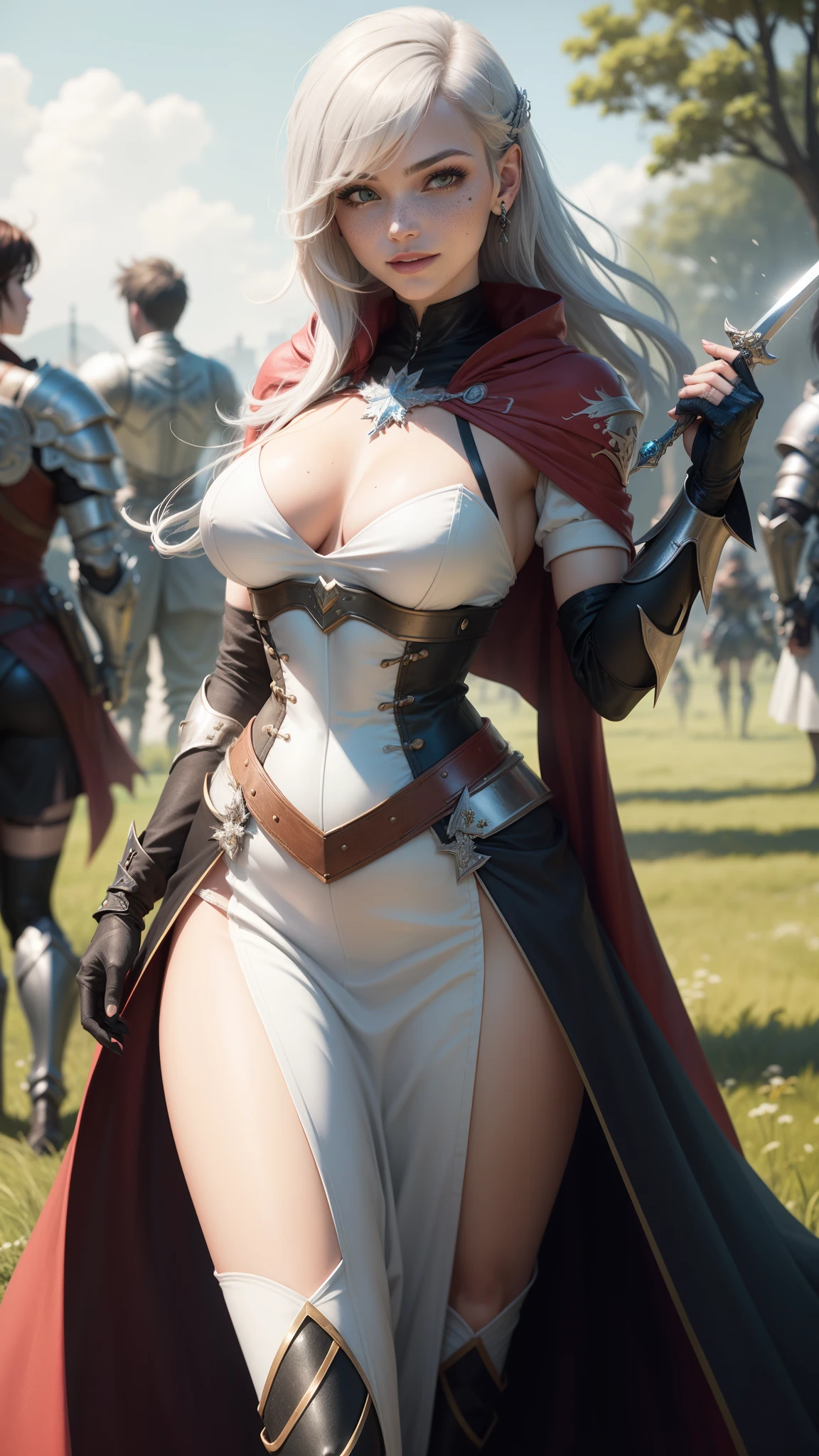 gwen tennyson,yorha 2b,tracer,claire farron,1girl,overwatch,atelier ryza,close up,meadow view,tattoos,scarlet and white plugsuit,white short sleeve knight top,short sleeve knight full plate armor,long knight skirt,steel knight corset,long hair,princess makeup,green eyes,multicolored silver hair,long dress train,sexy smile,freckles,beautiful girl, knight thigh high boots,big breasts,8k, ultra detailed,realistic,fantasy art,silver knight uniform,queen gown dress,hair pin,ear piercings,snowflake hand and neck jewelry,(weather:windy),long scarlet knight cape,holding a dagger on each hand,(place:battlefield),(pose:fighting),