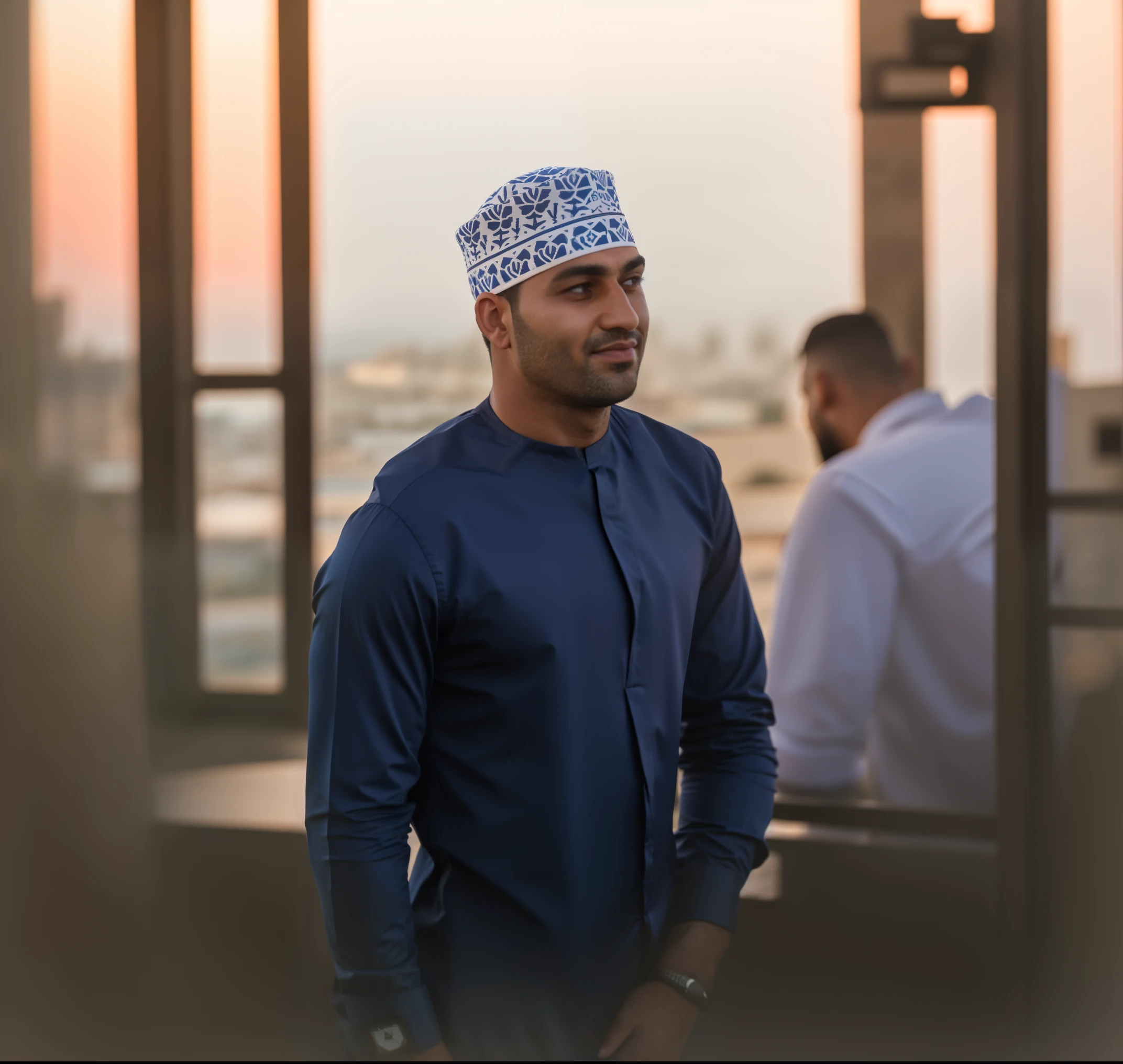 arafed man in a blue shirt and white hat looking off into the distance, mohamed chahin, riyahd cassiem, saadane afif, profile picture, at sunrise, very very low quality picture, photo taken in 2 0 2 0, khyzyl saleem, headshot profile picture, during sunset, profile pic, profile image, ismail