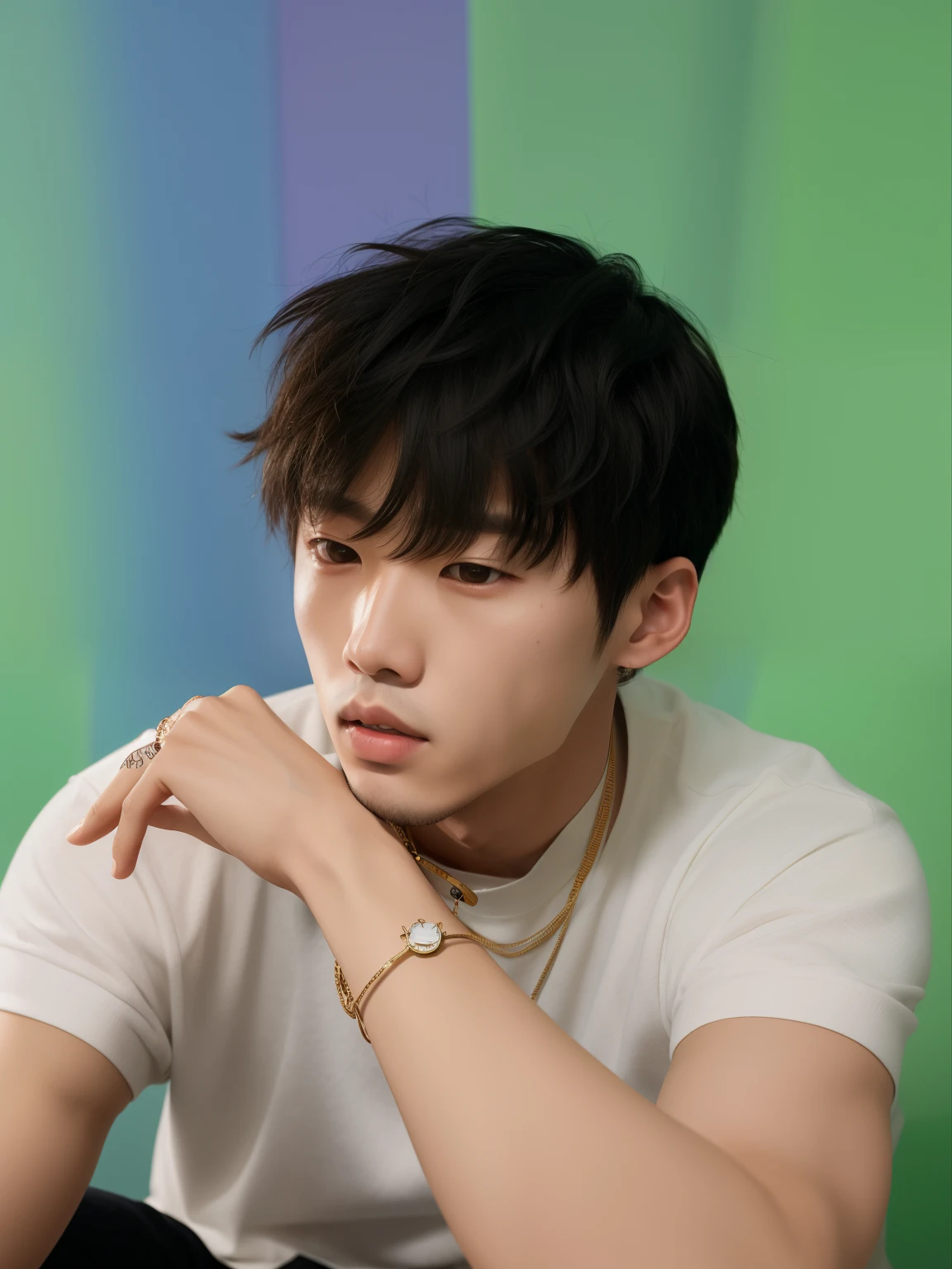 Hombre arafed con una camisa blanca y un collar sentado en una silla., Cai Xukun, Kim Doyoung, Yanjun Chengt, Hyung Tae, Jinyoung Shin, Hong June Hyung, Taejune Kim, Sha Xi, inspirado por Bian Shoumin, JIA, Hsiao-ron, Hyung Tae Kim, Shin Jeongho, diez Lee