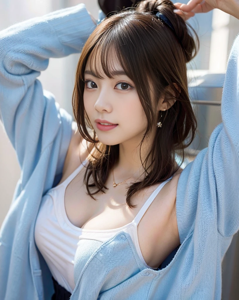 masutepiece, lightly dressed、Best Quality, Naughty smile、randome pose、Bruises、Illustration, Ultra-detailed, finely detail, hight resolution, 8K Wallpaper, Perfect dynamic composition, Beautiful detailed eyes, knit,Medium Hair,Natural Color Lip、Bold sexy poses,Smile,Harajuku、20 years girl、Cute、Sexy shot looking at camera、C Cup、Brown hair