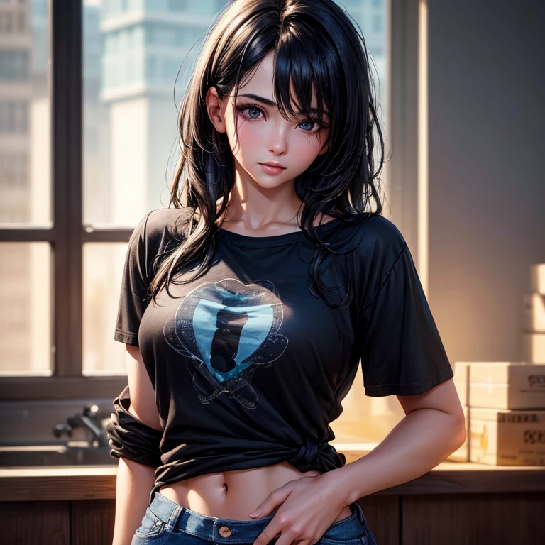 (best quality,4k,8k,highres,masterpiece:1.2),ultra-detailed,(realistic,photorealistic,photo-realistic:1.37),HDR,UHD,studio lighting,ultra-fine painting,long eyelashes,beautiful detailed eyes,beautiful detailed lips,extremely detailed eyes and face,sharp focus,physically-based rendering,extreme detail description,professional,vivid colors,bokeh,portraits
Young female
toned physique
anatomically accurate
messy black hair
wearing a baggy tshirt and blue jeans
loves the viewer a lot
stoic and shy
heartfelt confession
intimate distance