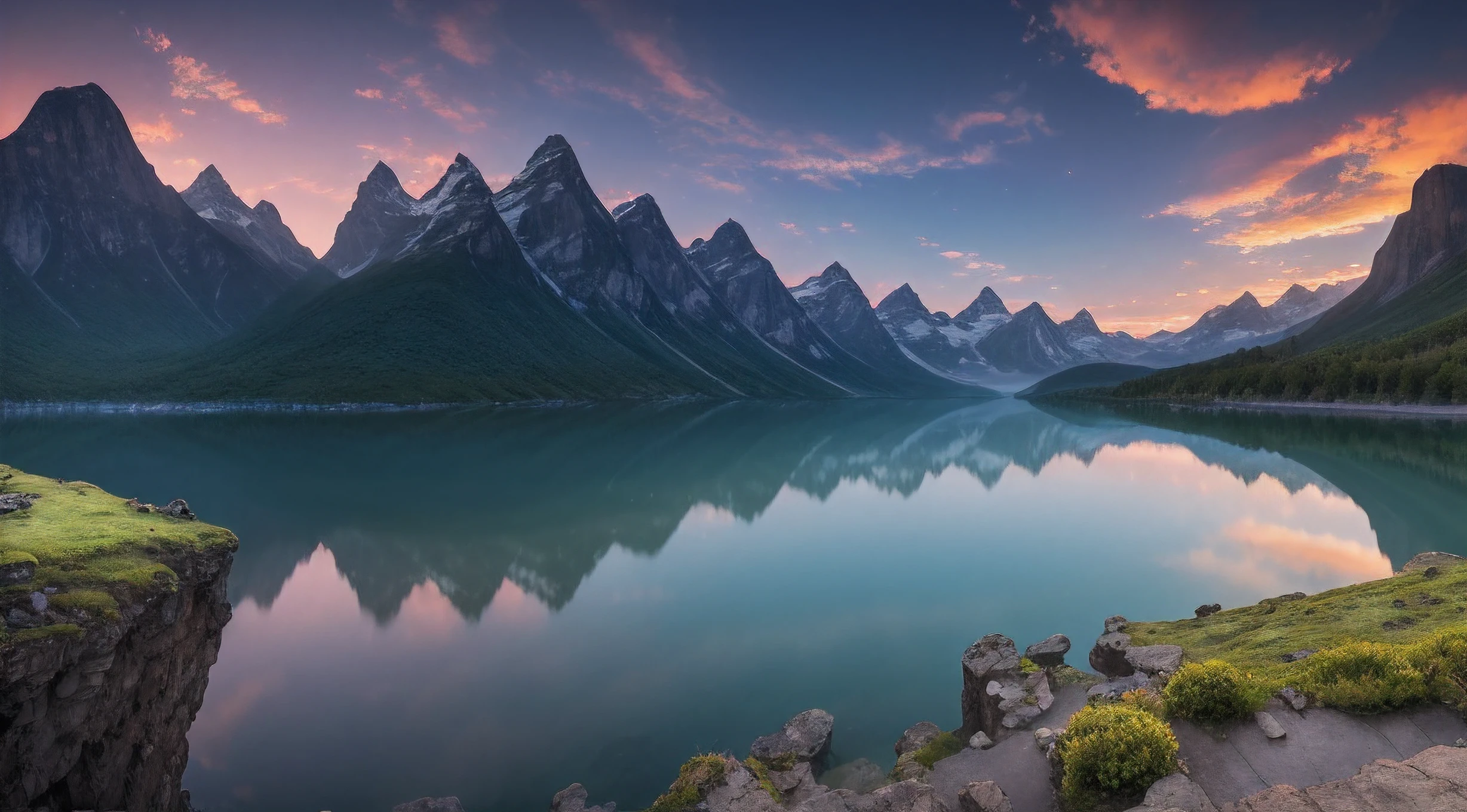 A breathtaking panorama of a vast and mystical landscape, with towering mountains in the distance, waterfalls cascading down cliffs, and a serene lake reflecting the vibrant colors of the sky. The composition should showcase the immensity and beauty of the world, inviting the audience to immerse themselves in its wonders.