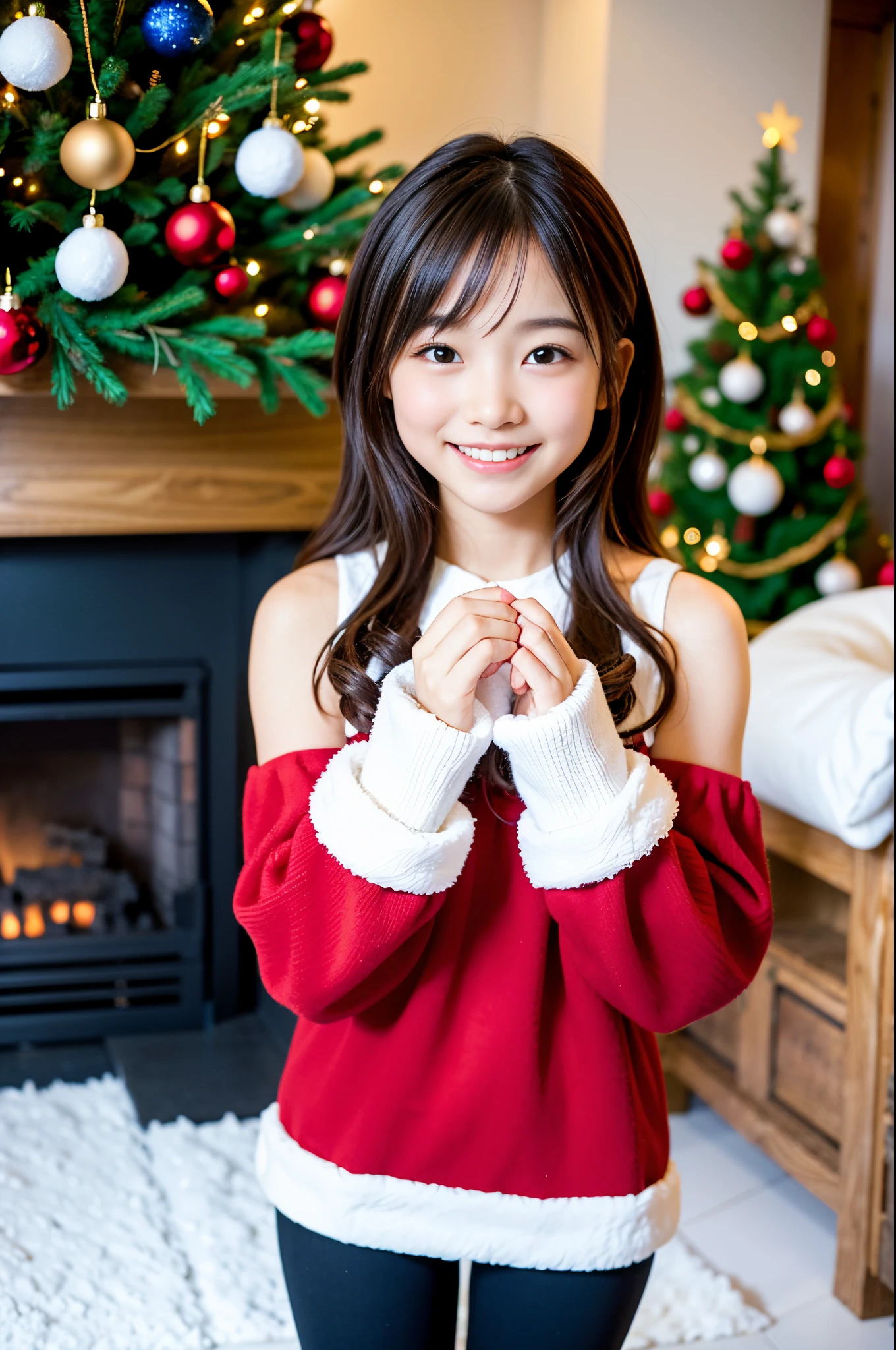 (Best Quality,4K,hight resolution,masutepiece:1.2),Realistic,Christmas,girl (),Hugging a big teddy bear,stuffed animal,Wear warm clothes,Snow falling in the background,Winter wonderland,Joyful expression,Magical atmosphere,Soft lighting,Vivid colors,Happiness,laught,Welcoming environment,Warmth,Smiling eyes,Curly hair,Shimmering decoration,Twinkling lights,toy train set,wrapped present,Rooftop with Santa Claus and reindeer flying in the distance,magic snowflake,christmas tree with ornaments,log cabin,curl up near the fireplace,hot chocolate with marshmallows,Peace and quiet,Excitement and anticipation,Snowy landscape,childhood innocence,Enchanted moments,Playful laughter,Upholstered stockings,Holiday spirit,love and togetherness.thighs thighs thighs thighs、off shoulders