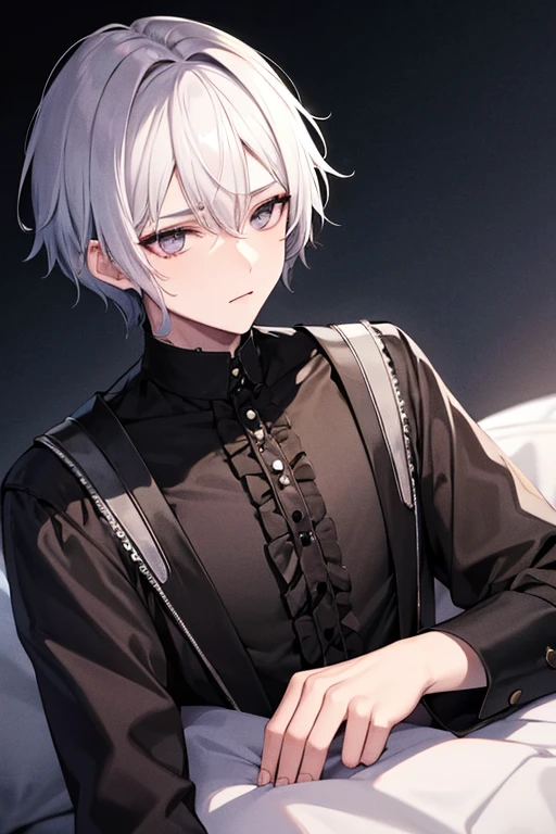 A guy with short white hair, sleepy face, gothic style clothes