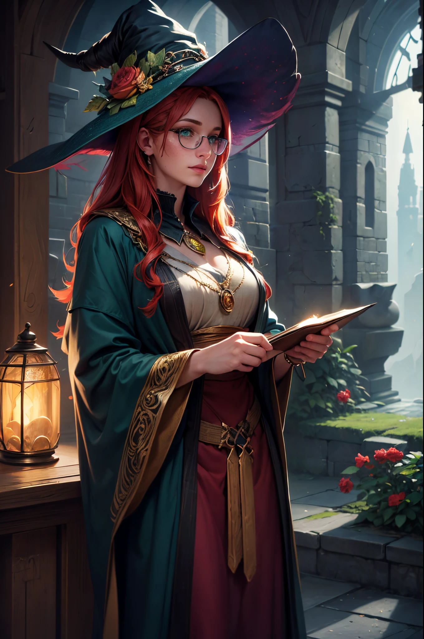 (realistic, photorealistic:1.37), (best quality, 4k, 8k, high-res, masterpiece:1.2), ultra-detailed, green eyes, detailed eyes and face, beautiful detailed lips, freckles, witch, wizard hat, red hair, glasses, green clothing, oil painting, vibrant colors, vivid colors, ultra-fine painting, (physically-based rendering, sharp focus), detailed landscape, detailed scenery, magical atmosphere, mystical elements, captivating, enchanting lighting, breathtaking, fantasy, fairytale