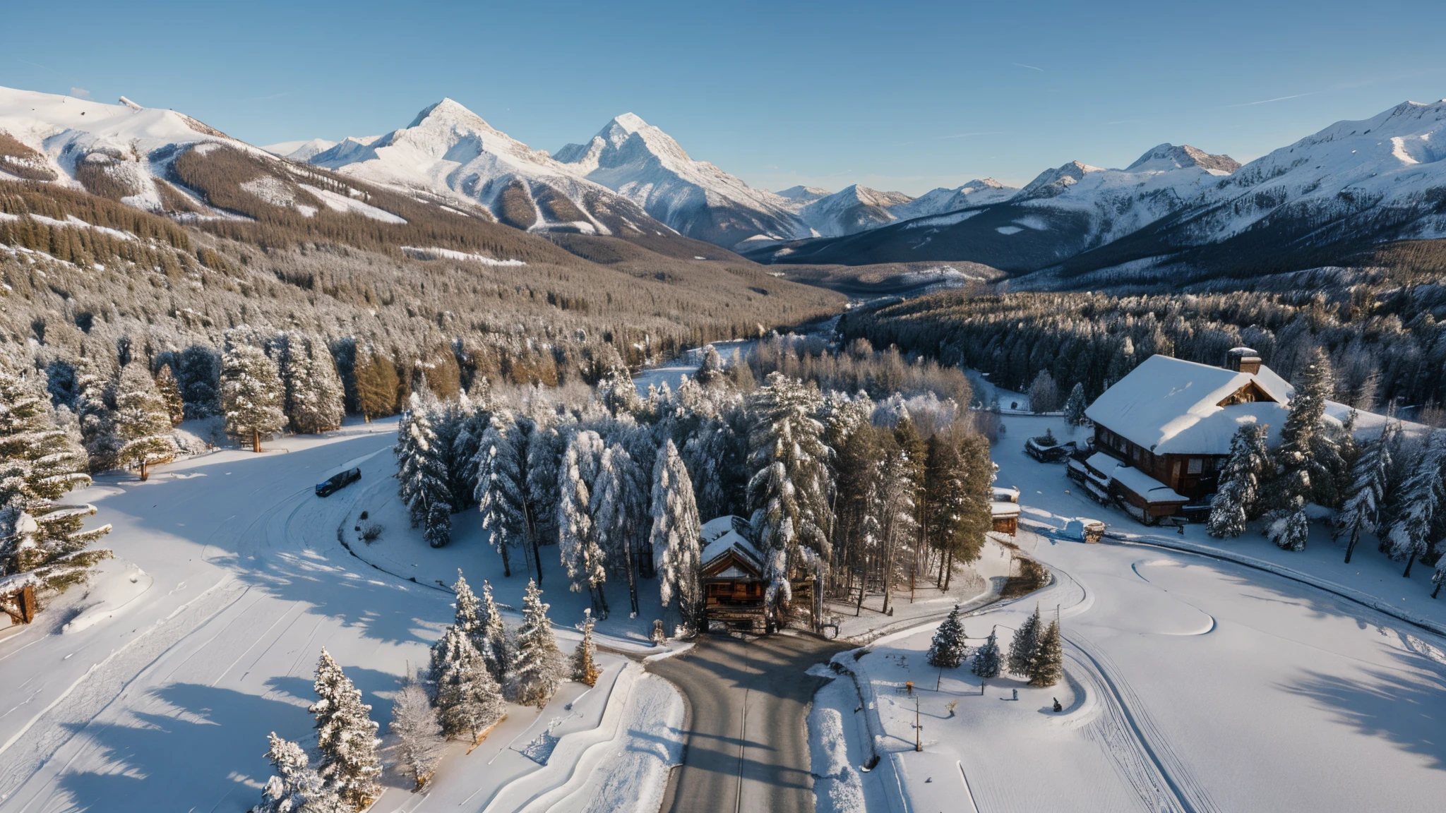 Masterpiece, hi-res, hyperrealistic, Snowy mountain with snow covered pine trees, drone view