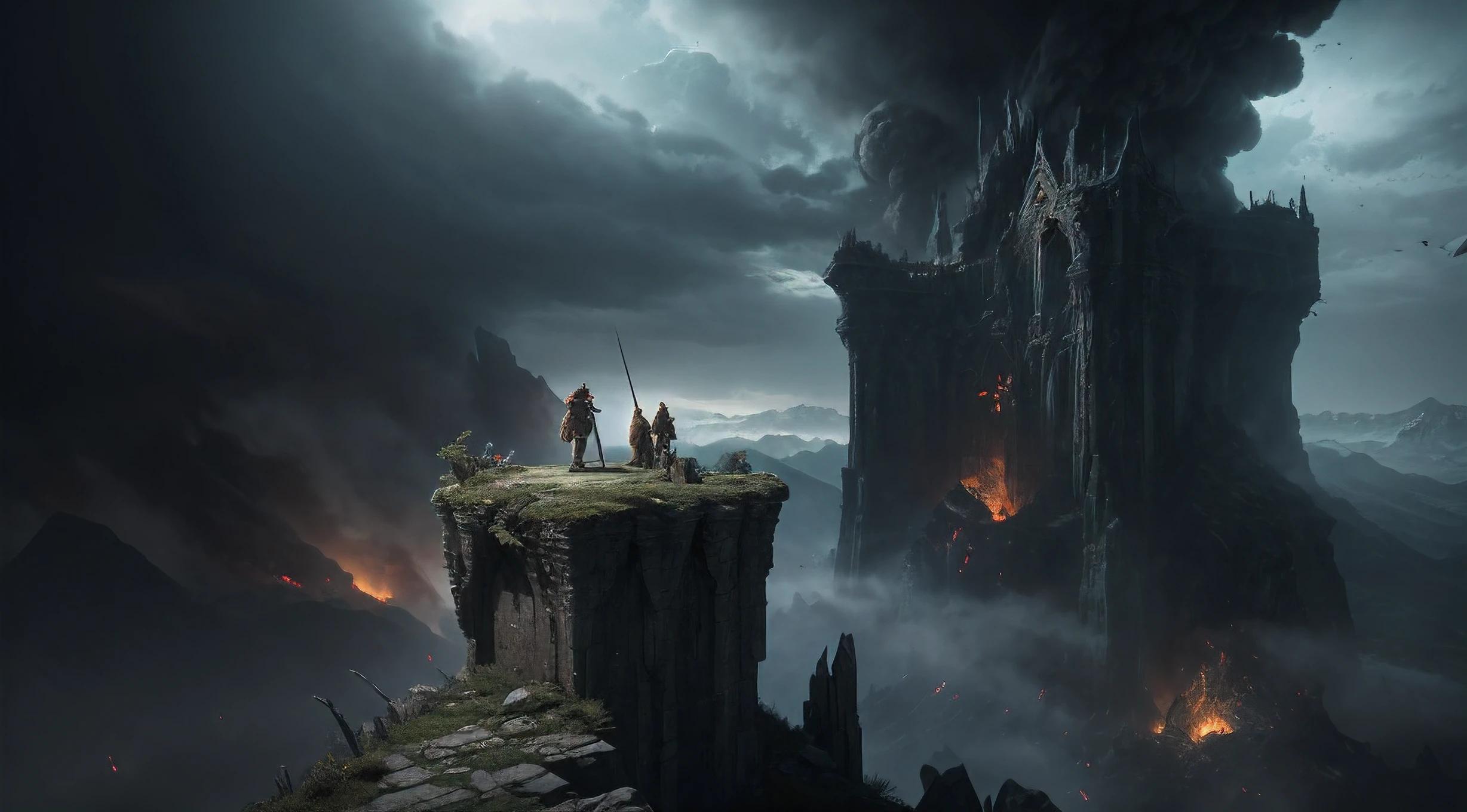 A dramatic and awe-inspiring shot of the adventurers standing on a precipice, overlooking a kingdom in peril. The kingdom is shrouded in darkness, its buildings crumbling and smoke rising. The adventurers are resolute and determined, ready to embark on their final battle. The composition should convey the gravity of the situation and the heroes' unwavering resolve.