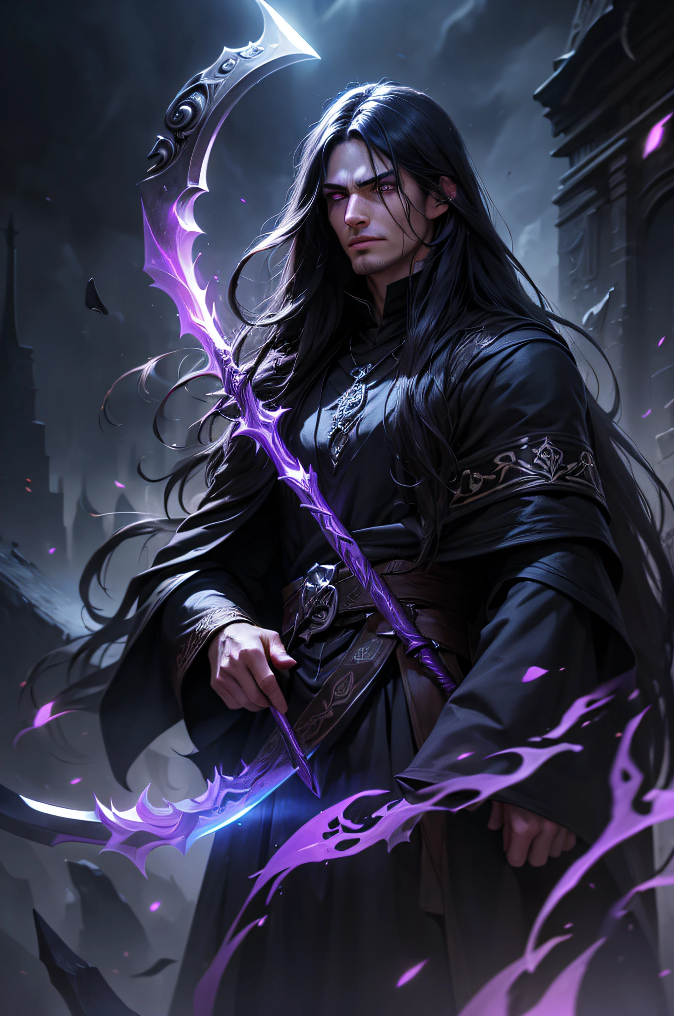 (Best Quality, Ultra-detailed, Realistic:1.37), Portrait, ember, warlock, Long black hair, Dark clothing, necromancy, braid, ominous vibe, glowing eyes, magical purple aura, Mystical powers, Ancient symbols