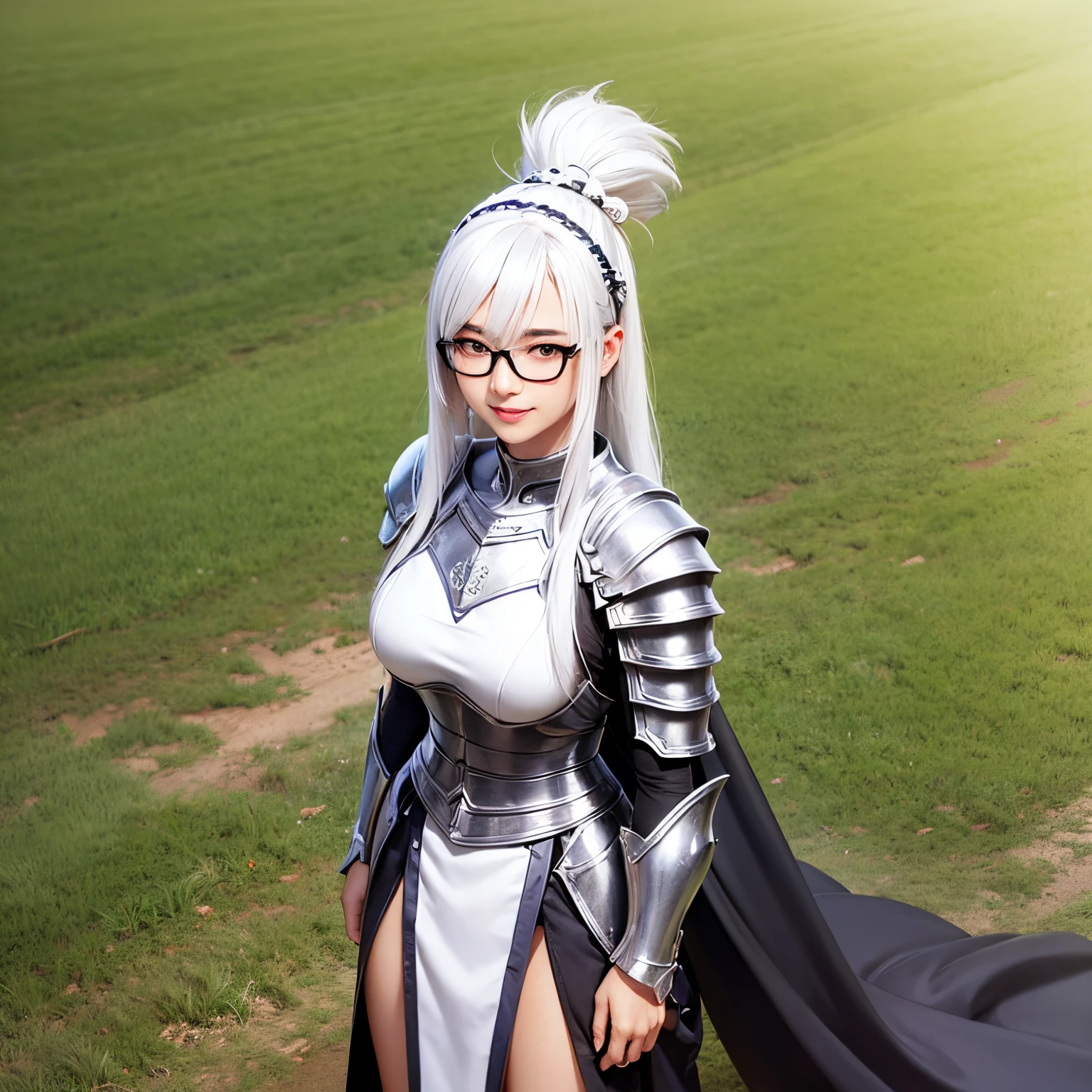 Ayaka, o Cavaleiro Solene com um Rabo de Cavalo, wearing glasses and white hair, is in the middle of a field background, adicionando um toque de Knight Armor(0.7) ao seu charme. She has a medium chest and an inviting smile with her hair accessories