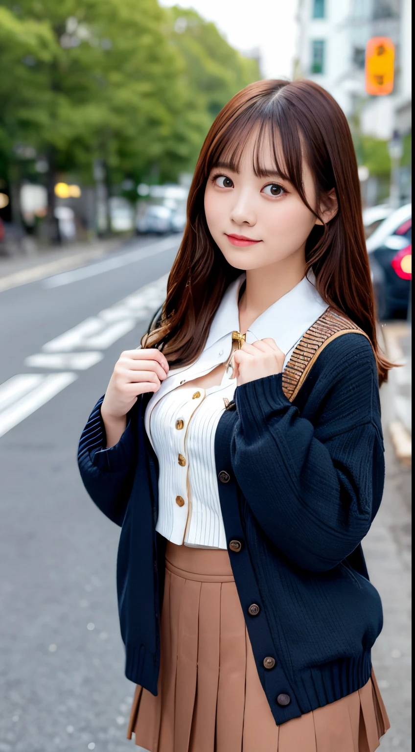 photo of a cute girl, wearing (crop-top:0.5) sailor uniform, long sleeve, half-cleavage, pleated green_skirt, beautiful black eyes, dark-brown_cardigan, brown bob hair, deep-color,
BREAK
outdoor, sunshine, in the street,