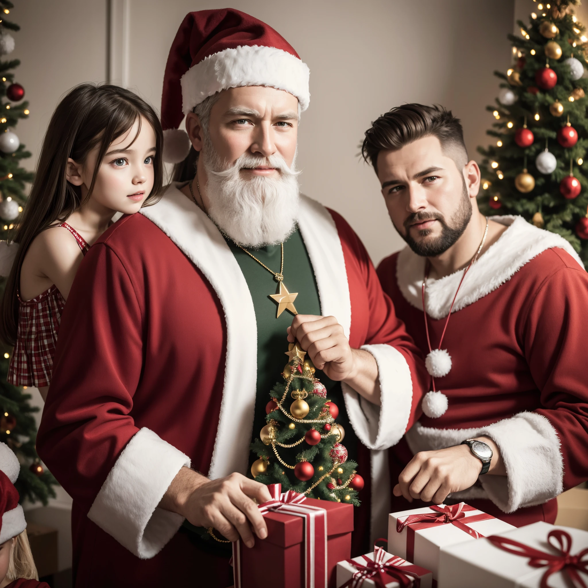 Santa Claus with Caucasian children, Christmas tree with gifts, Christmas, ((Best Quality)), ((Masterpiece)), (Detailed), a perfect face, foto realista, Ultra-detailed, Realistic, HDR, studio lightning, extreme detail description, Professional, sharp-focus, physical based rendering, Vivid colors, portrai