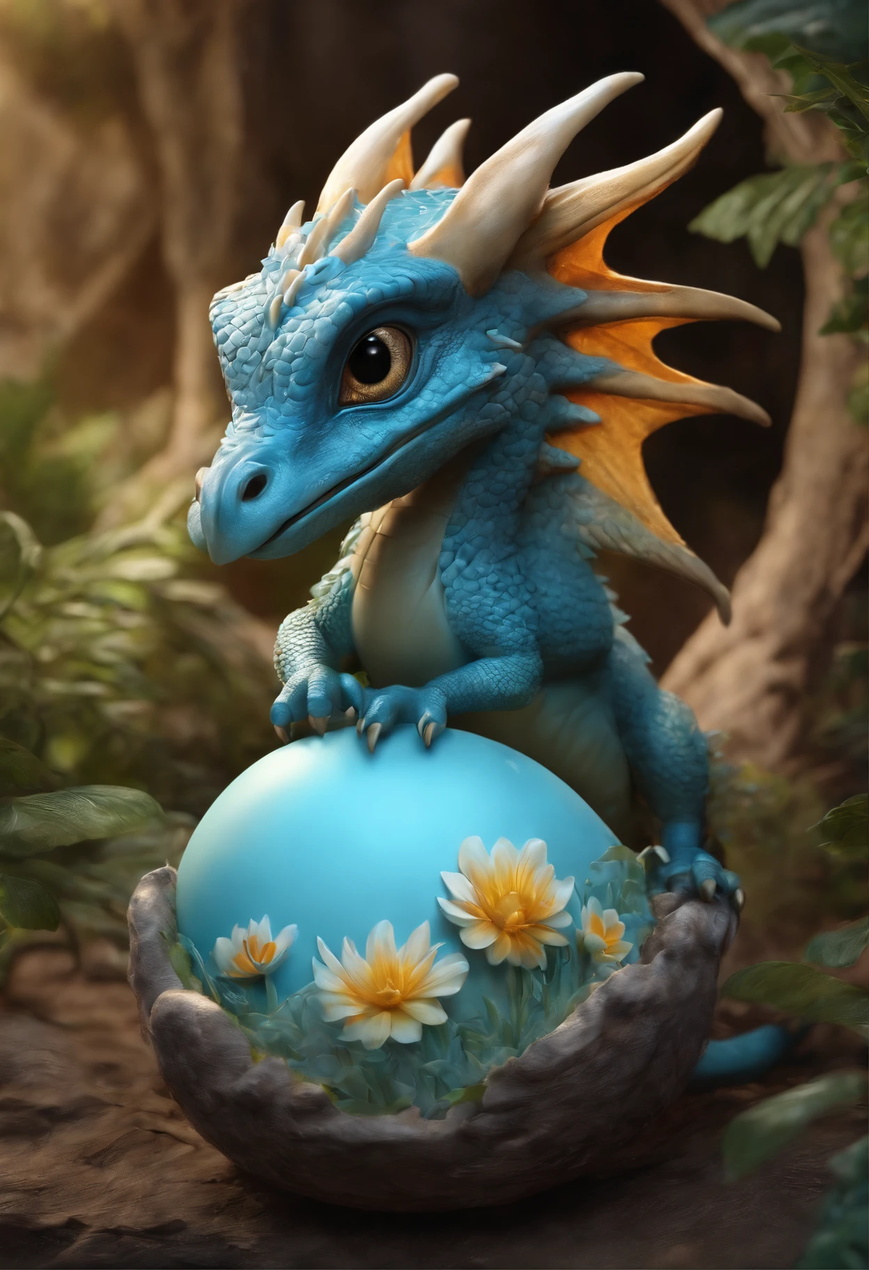 Large ostrich egg, dragon hatches from egg, a dragon is born from an egg, muzzle sticks out of egg, the tail sticks out of the egg,dragon'nose sticking out of egg, birth of the dragon,Cute little blue dragon, Cute little dragon, cute detailed digital art, adorable digital painting, 8k high quality detailed art, 4k detailed digital art, digesting a small dragon, realistic fantasy illustration, Frost Dragon, highly detailed 4k digital art, A Newly Hatched Dragon, Cute digital art