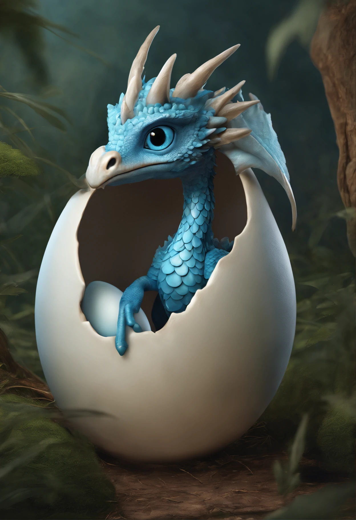 Large ostrich egg, dragon hatches from egg, the dragon's nose sticks out of the egg, birth of the dragon,Cute little blue dragon, Cute little dragon, cute detailed digital art, adorable digital painting, 8k high quality detailed art, 4k detailed digital art, digesting a small dragon, realistic fantasy illustration, Frost Dragon, highly detailed 4k digital art, A Newly Hatched Dragon, Cute digital art