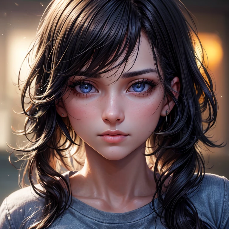 (best quality,4k,8k,highres,masterpiece:1.2),ultra-detailed,(realistic,photorealistic,photo-realistic:1.37),HDR,UHD,studio lighting,ultra-fine painting,long eyelashes,beautiful detailed eyes,beautiful detailed lips,extremely detailed eyes and face,sharp focus,physically-based rendering,extreme detail description,professional,vivid colors,bokeh,portraits
Young female
toned physique
anatomically accurate
messy black hair
wearing a baggy tshirt and blue jeans
loves the viewer a lot
stoic and shy
heartfelt confession
intimate distance