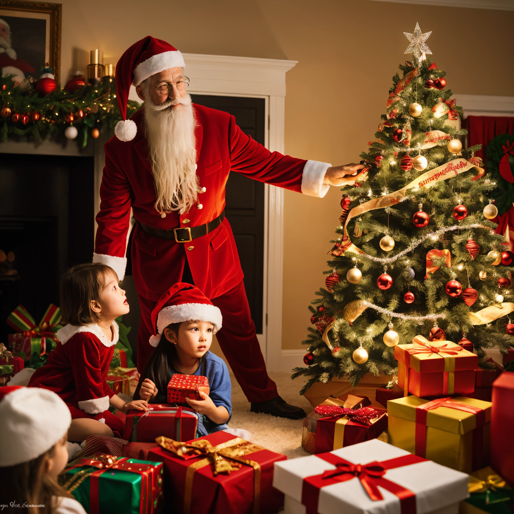 Santa Claus gives gifts to Caucasian children, Christmas tree with gifts, Christmas, ((Best Quality)), ((Masterpiece)), (Detailed), a perfect face, foto realista, Ultra-detailed, Realistic, HDR, studio lightning, extreme detail description, Professional, sharp-focus, physical based rendering, Vivid colors, portrai