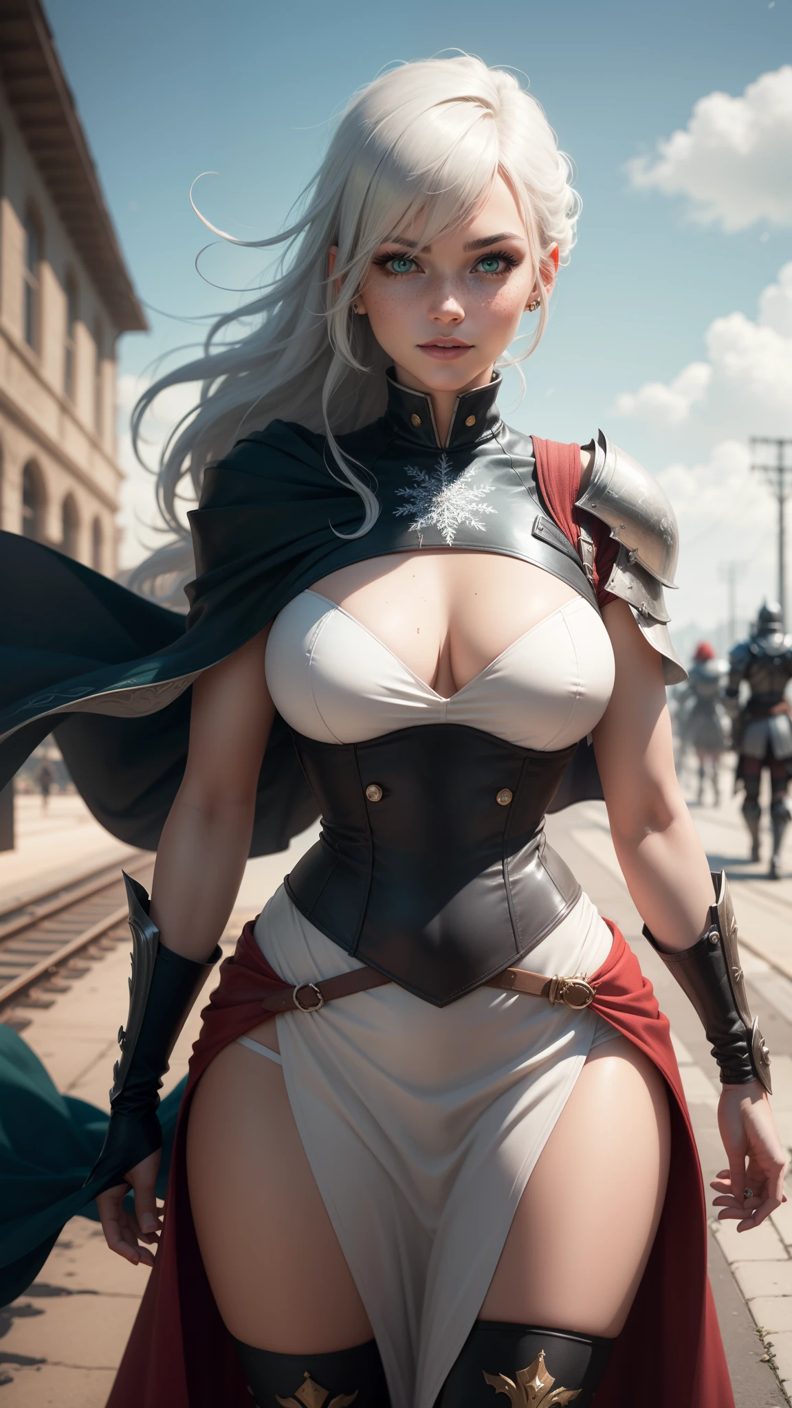 gwen tennyson,yorha 2b,tracer,claire farron,1girl,overwatch,atelier ryza,close up,battlefield view,tattoos,scarlet and white plugsuit,white short sleeve knight top,short sleeve knight full plate armor,long knight skirt,steel knight corset,long hair,princess makeup,green eyes,multicolored silver hair,long dress train,sexy smile,freckles,beautiful girl, knight thigh high boots,big breasts,8k, ultra detailed,realistic,fantasy art,silver knight uniform,queen gown dress,hair pin,ear piercings,snowflake hand and neck jewelry,(weather:windy),long scarlet knight cape,holding a dagger on each hand,(pose:ready to attack),