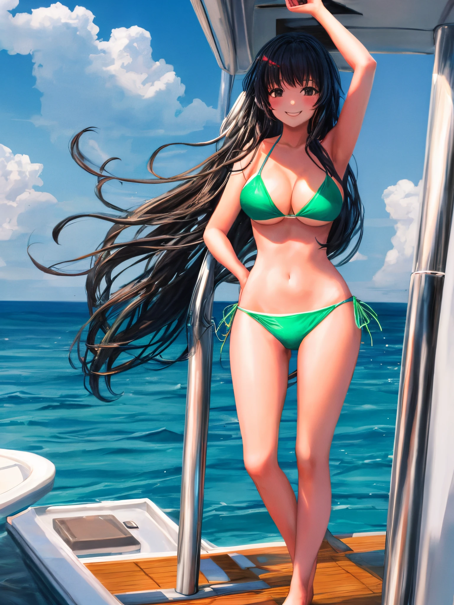 A girl with long hair standing on the deck of a yacht. The camera captured the moment when she caught a big fish. The girl in bikini smiled happily and faced the camera.