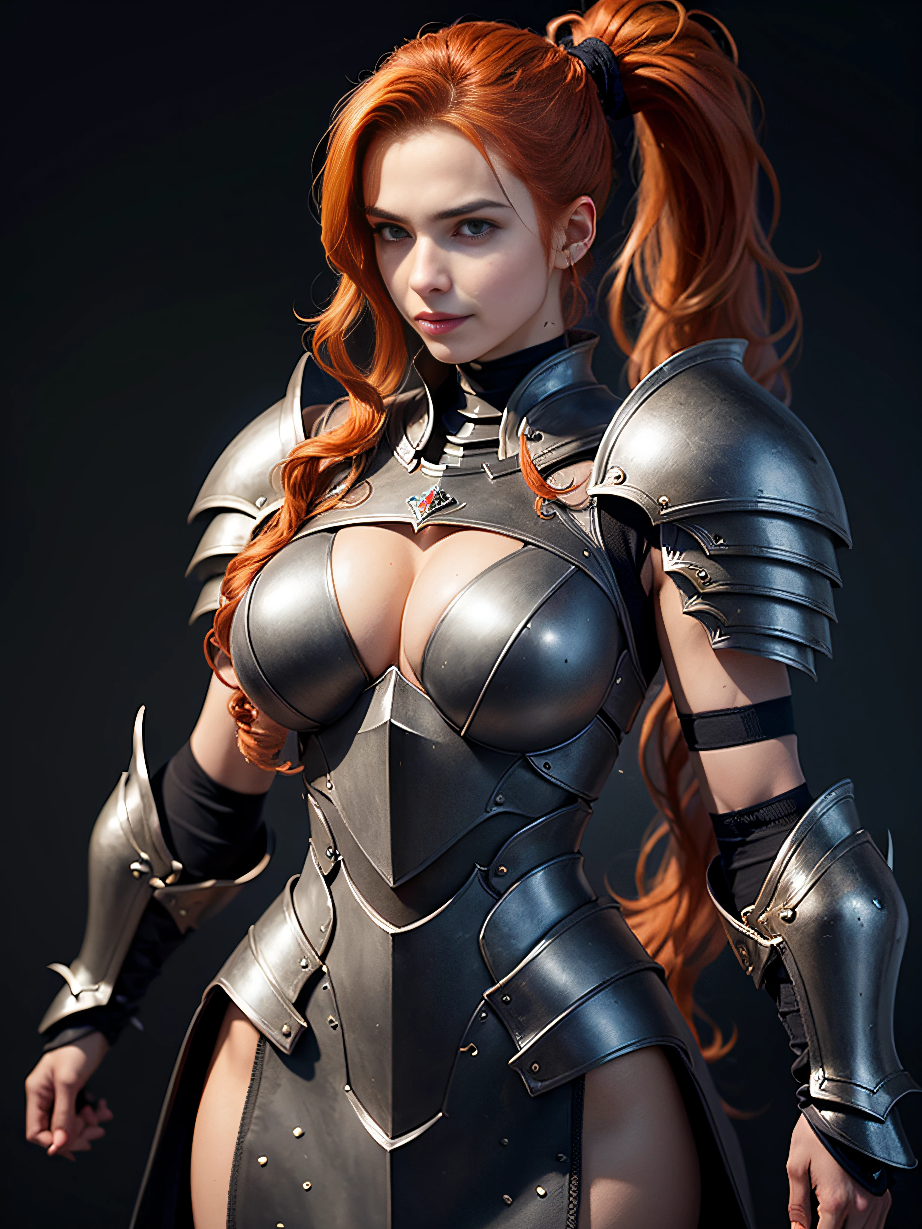 ((best quality: 1.5)) ((masterpiece: 0.8)), intricate details, sharp focus, professional, photorealistic, real life, realistic representation of the face, ((((solo, 1girl) athletic cleric, (suntanned, dark skin, mysterious expression)))), bright glow, dynamic pose, gorgeous perfect face, in the style of realistic and hyper detailed renderings, zbrush, hyper realistic oil, contoured shading, dark room, dark background, black background, solo, BREAK; BREAK ((((smirking, ((long wavy ginger hair, ponytail, thin hips, skinny)))))), (freckles: 0.7), ((body tattoo: 1.0)), ((fujicolor)), BREAK; BREAK ((((medieval (matte black paladin armor spiked), ((underboob))), photorealistic, hyper-realistic))) BREAK; BREAK (((breast size: 0.6)))