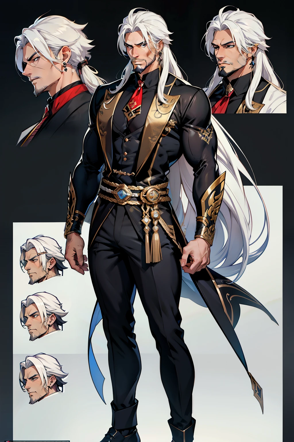 dark skin man, male, black eyes, white hair, long hair, anime style, 4k image, full body, holographic background, Character sheet, Handsome male. Perfect face, 6 ft 5 tall middle aged man. White hair. Long hair. Grey eyes. Beard. Eyepatch. Earrings. Toned body. Muscular male, character design sheet，full bodyesbian, Full of details, body front view, body back view,  Full body, muscle body, Formal Fantasy clothes. Genshin Impact. Hydro vision. Bulge in pants. Liyue, ((Masterpiece, Highest quality)), Detailed face, character design sheet， full bodyesbian, Full of details, frontal body view, back body view, Highly detailed, Depth