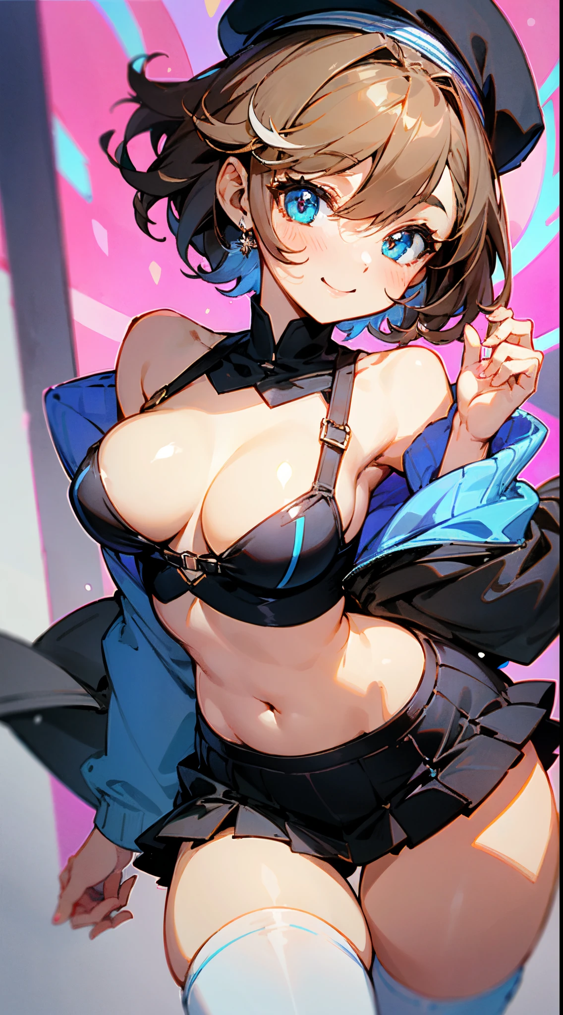 an extremely delicate,
beautiful girl,
break,
8k,
best quality,
masterpiece,
ultra hires,
ultra detailed girl,
super fine illustration,
break,
active pose,
best detailed girl,
shiny,
outdoors,
bright,
rim lighting,
break,
1girl,
solo,
junior,
perfect female body,
short stature,
short hair,
air bangs,
long bangs between eyes,
fluffy hair,
white streaked brown hair,
smile,
round face,
azure eyes,
colored skin,
bare shoulders,
bare thighs,
bare navel,
large breasts,
thin thighs,
break,
black inner clothes,
indigo outer clothes,
thigh high socks,
strapless cropped tube top,
opened off shoulder cardigan,
beret,
pleated micro mini skirt,