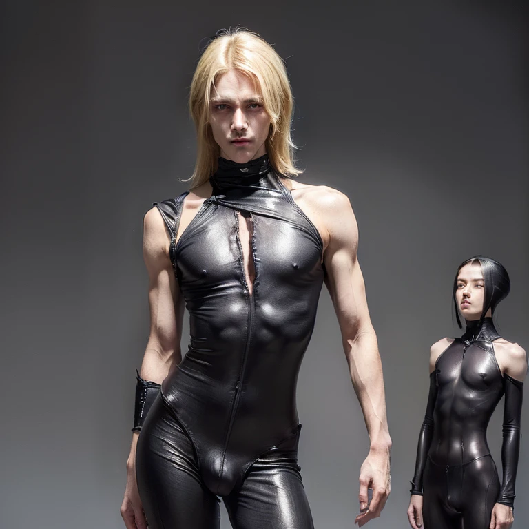 (masterpiece, best quality, 4k, dreamlike, hyperrealistic:1.35), (((1boy))), (Doctor Nefarious is ageless blonde tall lean androgynous male mastermind wicked genius technomage transhumanist depraved homosexual kinky sadist misogynist nerdy geek with weak stomach beautiful eyes thin face nervous nimble fingers lithe body clad in black sleek skintight bodysuit complimenting frail shoulders flat narrow chest and male crotch bulge between shapely thighs:1.65)