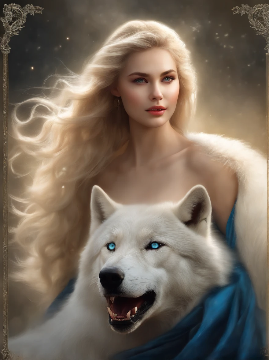 (tmasterpiece), (topquality), (more detailed), (8K), (电影灯光), (Sharp focus), (Precise Anatomy), (photo realism:1.5), (Fantasy art), Beautiful woman and white wolf, beautiful girl raised by a white wolf, next to the wolf, The wolf approaches the viewer with a kind muzzle, wolf blue eyes, Eyes sparkle, Meeting face to face, A girl with a beautiful face, VERY Young Girl), ((girl )) lips parted Blonde Goddess, (NSFW), Girl without clothes, A girl, naked ass, blue eyes, Detailed face, Happy Look, perfectly proportional breasts, big breastes, skinny waist, bellybutton, large tities, thights, blond hair, blonde woman, hairlong, Wolves have a large body, ferocious, (Correct anatomy), (A sense of speed:0.8), (Background Blend:0.8), (Windy storms:1.1), dramatic lighting, thick fog, Fog of the Abyss, universe, Orion Nebula, star universe, Very bright morning sunlight,