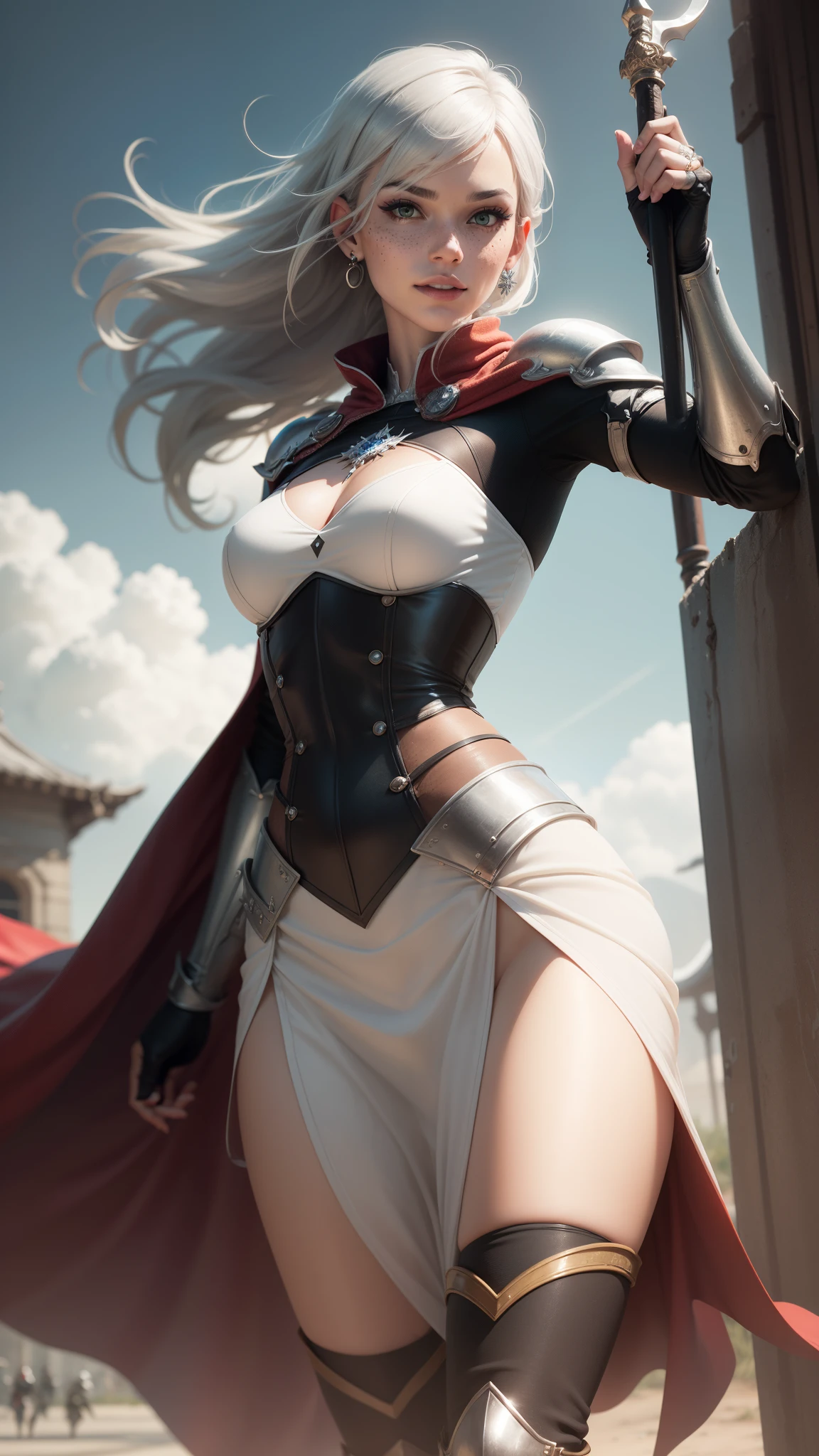 gwen tennyson,yorha 2b,tracer,y'shtola rhul,solo girl,overwatch,atelier ryza,close up,valley view,tattoos,scarlet and white plugsuit,white short sleeve knight top,short sleeve full plate knight armor,long knight skirt,silver knight corset,long curly hair,princess makeup,green eyes,multicolored silver hair,long dress train,sexy smile,freckles,beautiful girl,knight thigh high boots,large breasts,8k,ultra detailed,realistic,fantasy art,silver knight uniform,queen gown dress,ear piercings,snowflake hand and neck jewelry,(weather:windy),long scarlet knight coat,camelot,silver hair pin,king sword,ready to attack pose,