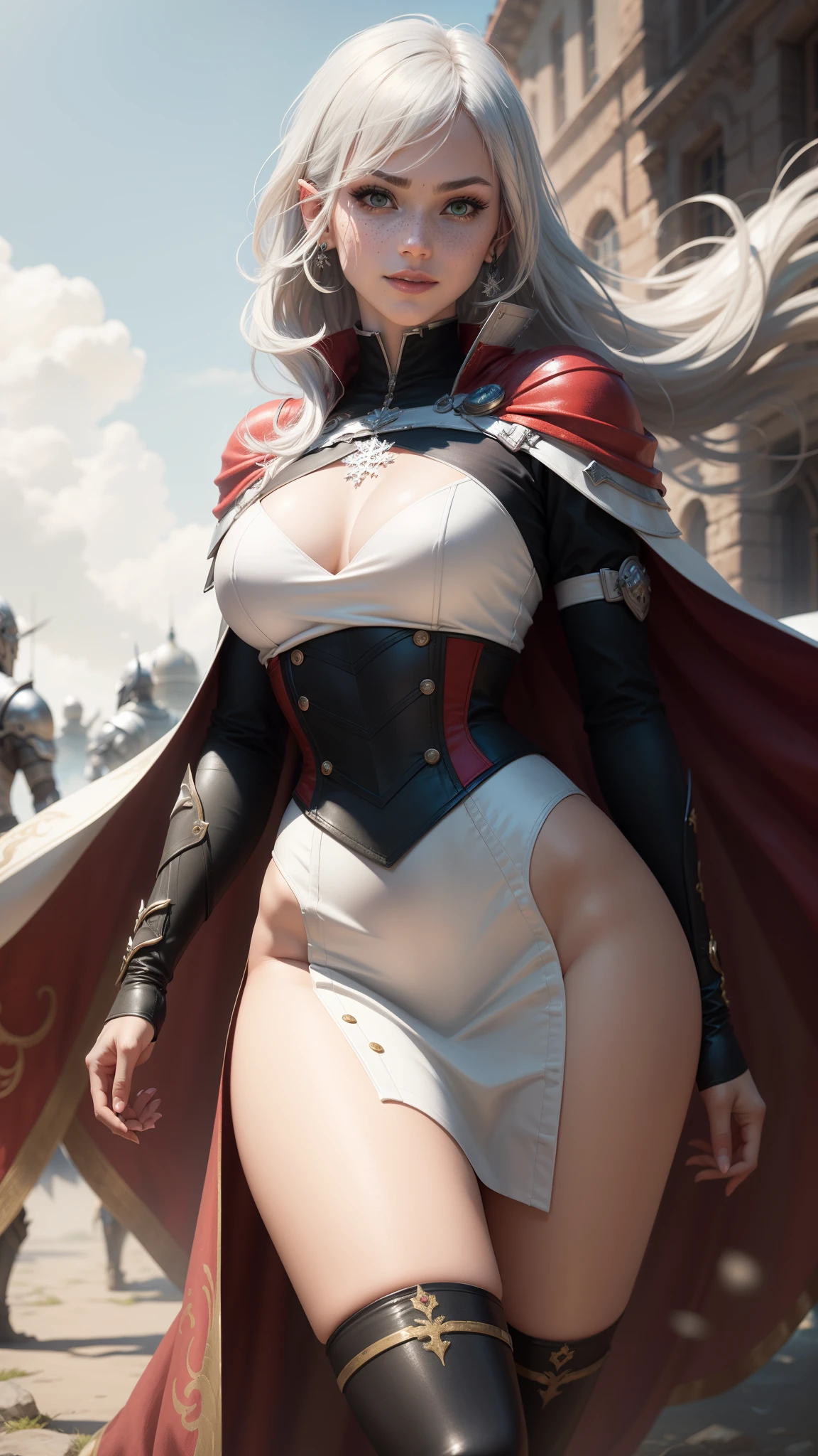 gwen tennyson,yorha 2b,tracer,claire farron,1girl,overwatch,atelier ryza,close up,battlefield view,tattoos,scarlet and white plugsuit,white short sleeve knight top,short sleeve knight full plate armor,long knight skirt,steel knight corset,long hair,princess makeup,green eyes,multicolored silver hair,long dress train,sexy smile,freckles,beautiful girl, knight thigh high boots,big breasts,8k, ultra detailed,realistic,fantasy art,silver knight uniform,queen gown dress,hair pin,ear piercings,snowflake hand and neck jewelry,(weather:windy),long scarlet knight cape,holding a dagger on each hand,(pose:kung-fu ready to attack),