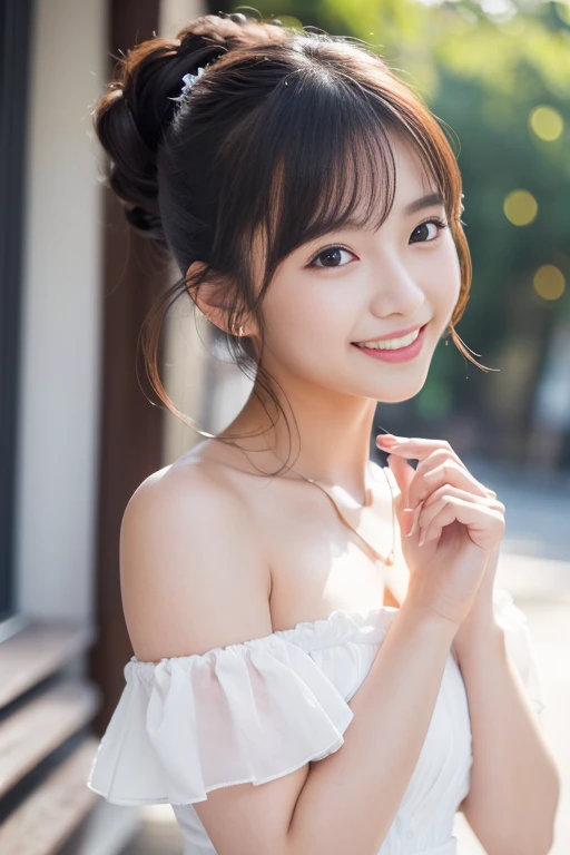 (2 girls in , couple focus, classmates, Adorable), Upper body, (Best Quality, 超A high resolution, photographrealistic, ultra-detailliert, 8K),japanaese girl, cheek-to-cheek, White cute clothes, Super Detailed Face、Detailed lips、A detailed eye、little gravure idol,Transparent skin,Hands on the chest,Her breasts are small, A cup.,Beautiful collarbone,off shoulders,I keep my hair up and short,showing beautiful teeth,Bursting smile, hair scrunchie, ((accurate hands without incongruity,Precise feet without discomfort))