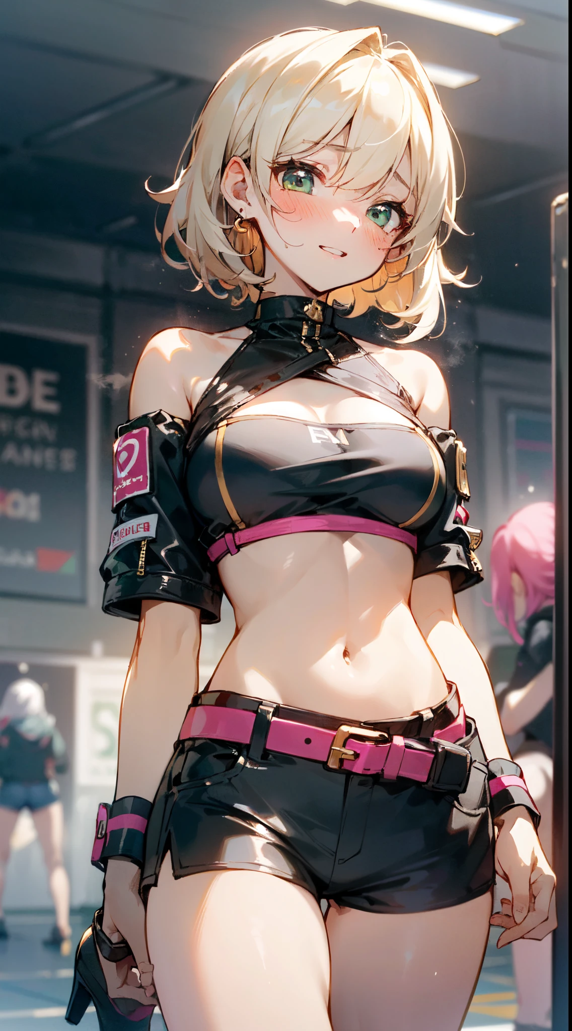 Anime character portraying Ana de Armas, showcased in an intricately detailed cyberpunk scene. Her striking features are accentuated by piercing azure eyes and blonde hair adorned with pink and blue highlights, styled into two high ponytails. The vibrant color palette of her attire includes a yellow and pink top, a teal jacket, and a pink belt, all merged seamlessly. Noteworthy accessories include colossal high-tech mechanical gloves, adorned with intricate metallic details and subtle neon accents. Her toned physique, defined abs included, conveys an athletic aura. The deep yellow backdrop contrasts starkly with