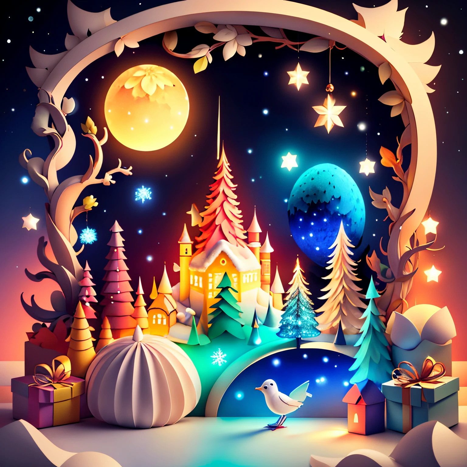 Lumière douce,(couleur chaude:1.2),Peinture à l’aquarelle,fond clair,Détails exquis de la qualité,Rendu 3D,Rendu octane, Nuit, lune, sapin de Noël décoré, Noël, village, neige, brouillard, froid, étoiles, cadeau, animaux, traineau, Père Noël, lutins, ambiance de Noël, décor de Noël (_couper:1.15),